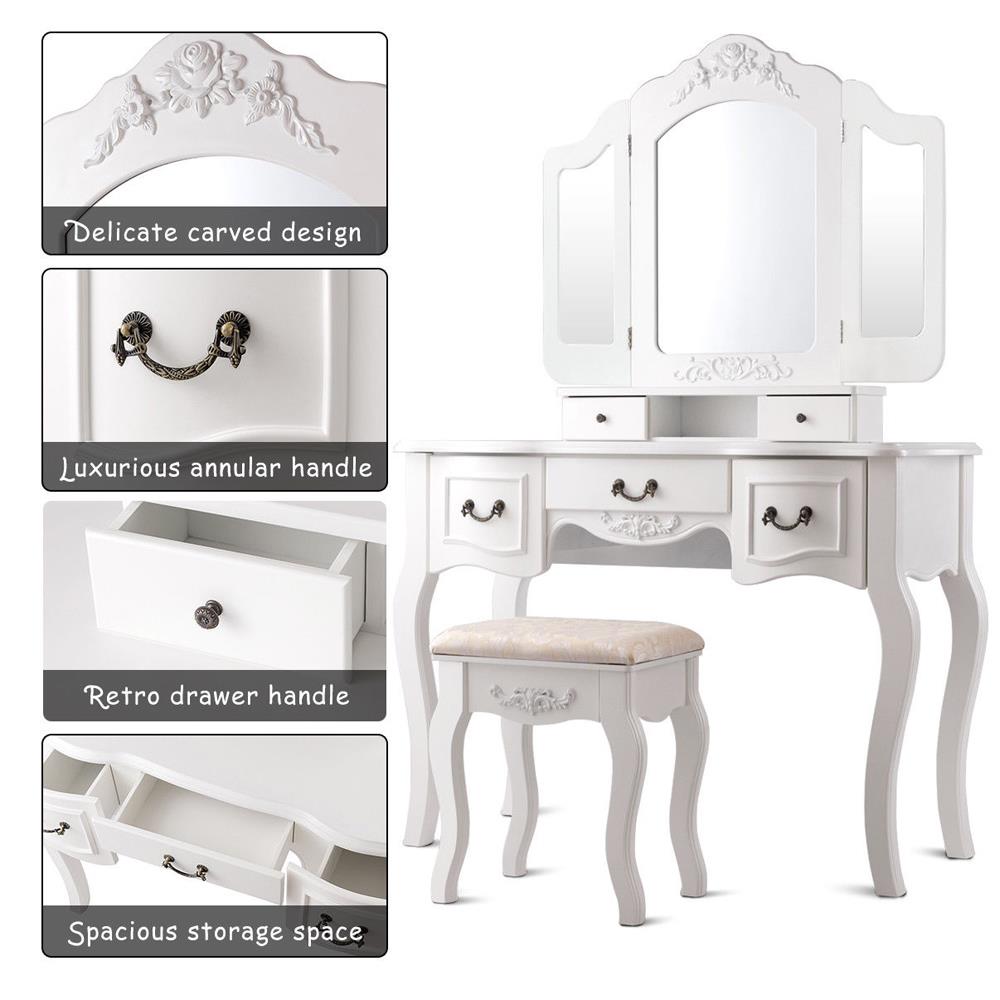 Tri Folding Vintage White Vanity Makeup Dressing Table Set 5