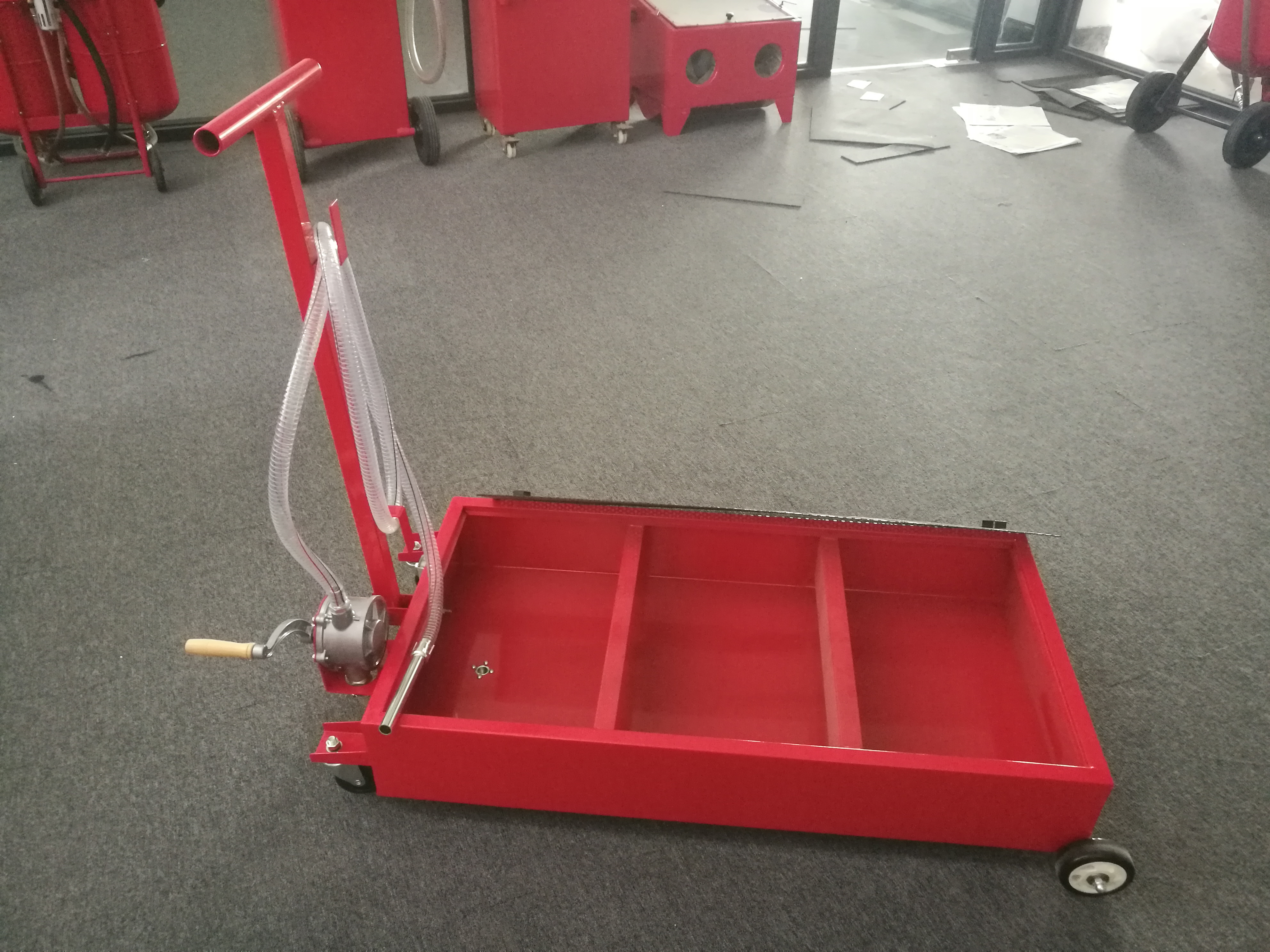 Portable 20 Gallon Oil Drain Pan Low Profile Dolly w/ Pump 8' Hose Car