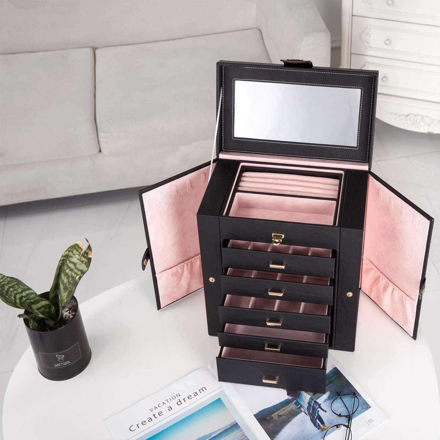 Leather Jewelry Box Organizer Mirror Ring Necklace Bracelet Drawer