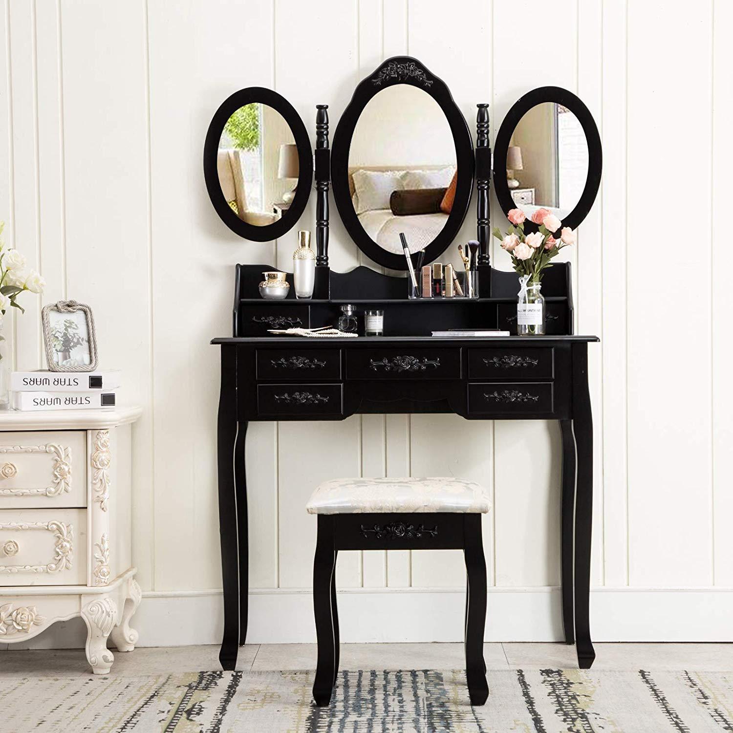 Black Vanity Makeup Dressing Table Desk Set 7 Drawers With Oval Mirror And Stool Ebay