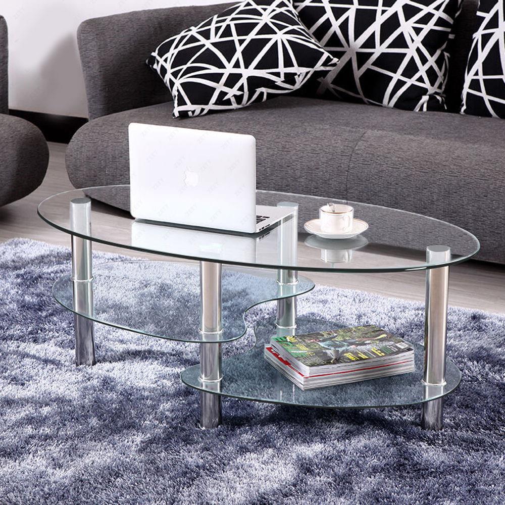 Tempered Glass Oval Side Coffee Table Shelf Chrome Base Living Room