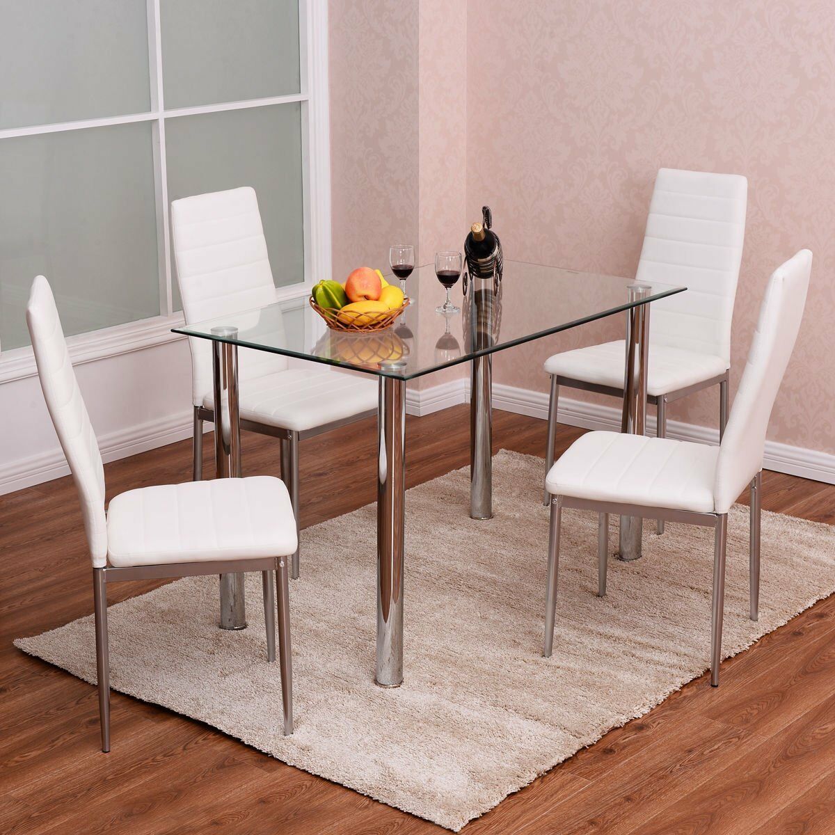 details about 5 piece dining table set glass steel w4 chairs kitchen room  breakfast furniture