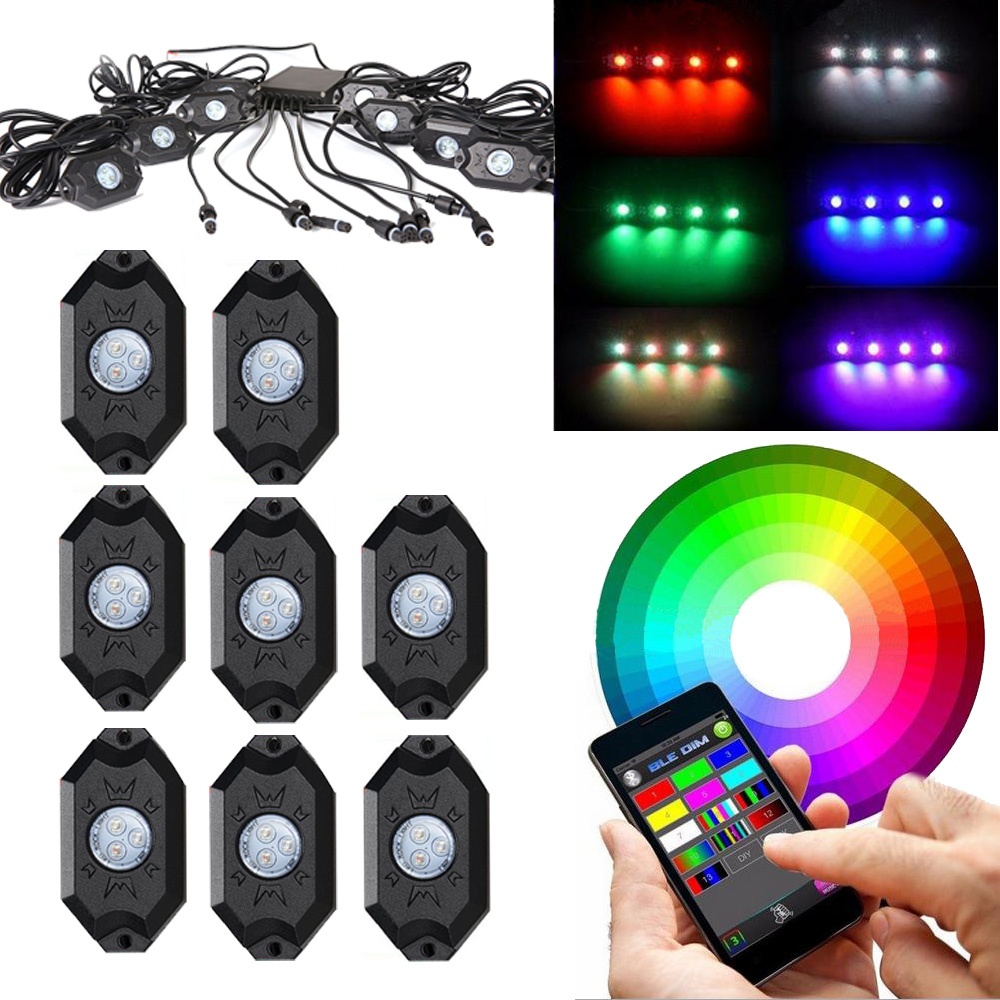 8Pcs RGB LED Rock Lights Wireless Bluetooth Music Flashing Multi Color