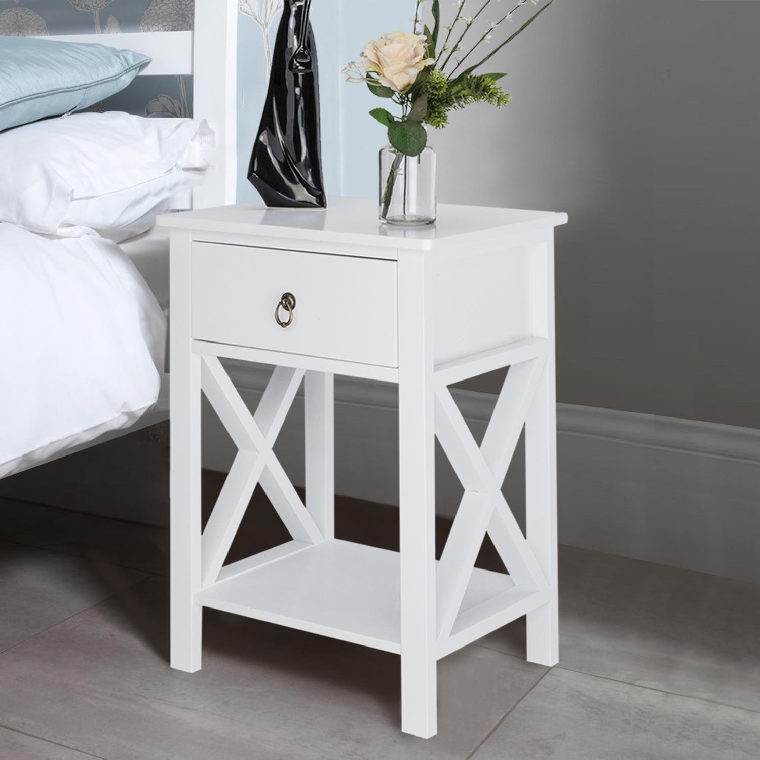 2 Pcs Wood End Side Bedside Table Nightstand Bedroom W Drawer Bottom Shelf White Nightstands Home Garden