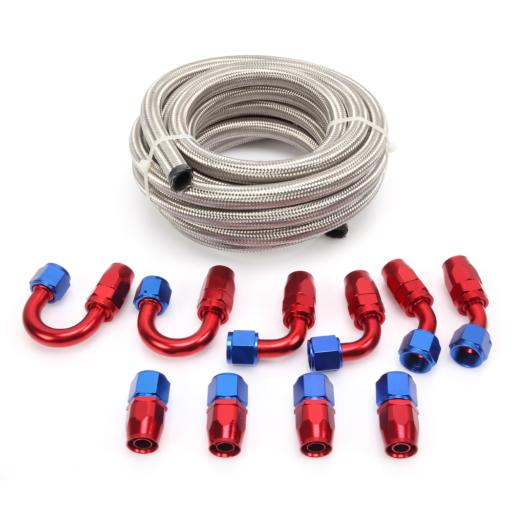 10AN 20Feet Stainless Steel Braided Fuel Line 10PCS Push Lock Fitting Hose End