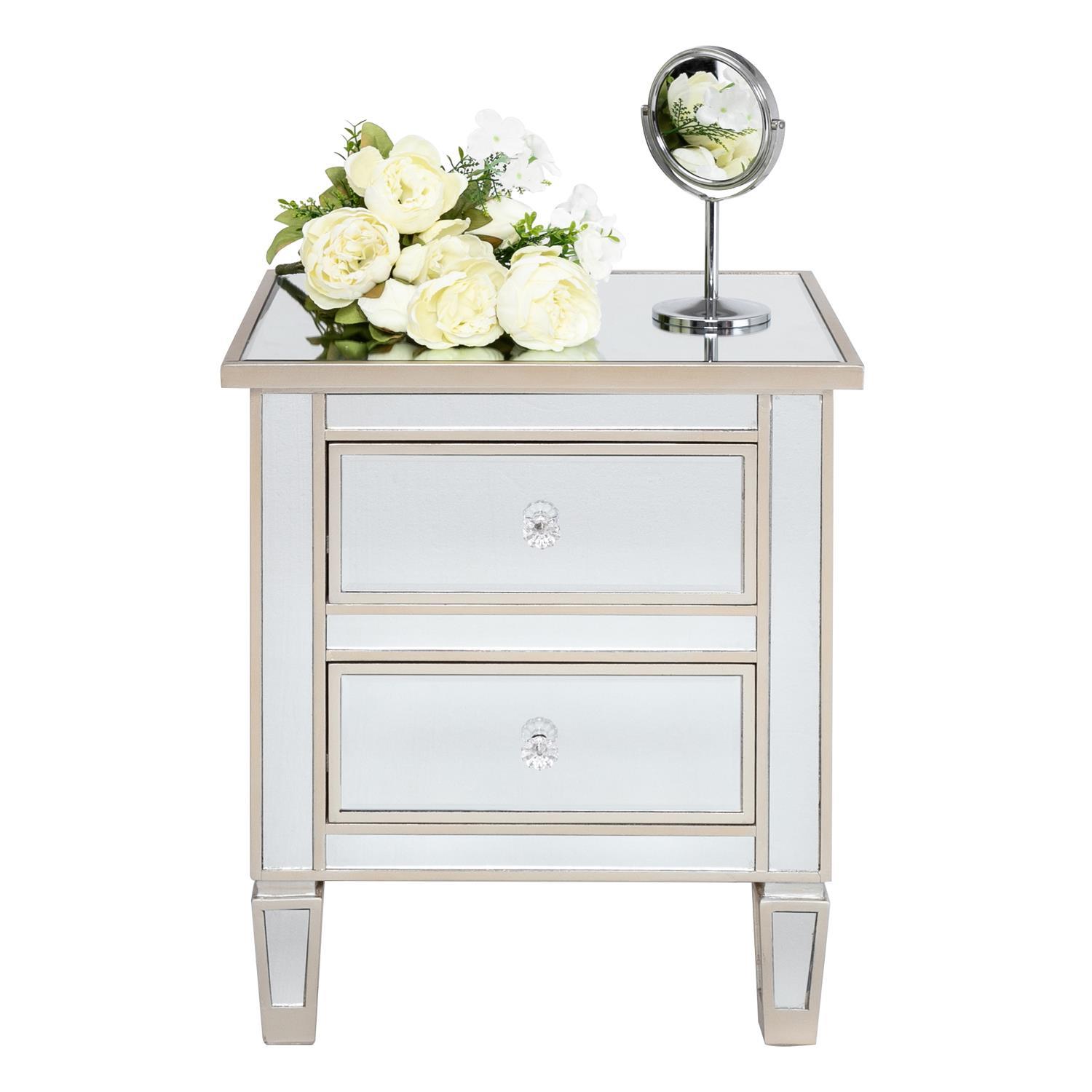 Mirrored Nightstand 2 Drawer Modern Mirror End Table Storage Accent Cabinet
