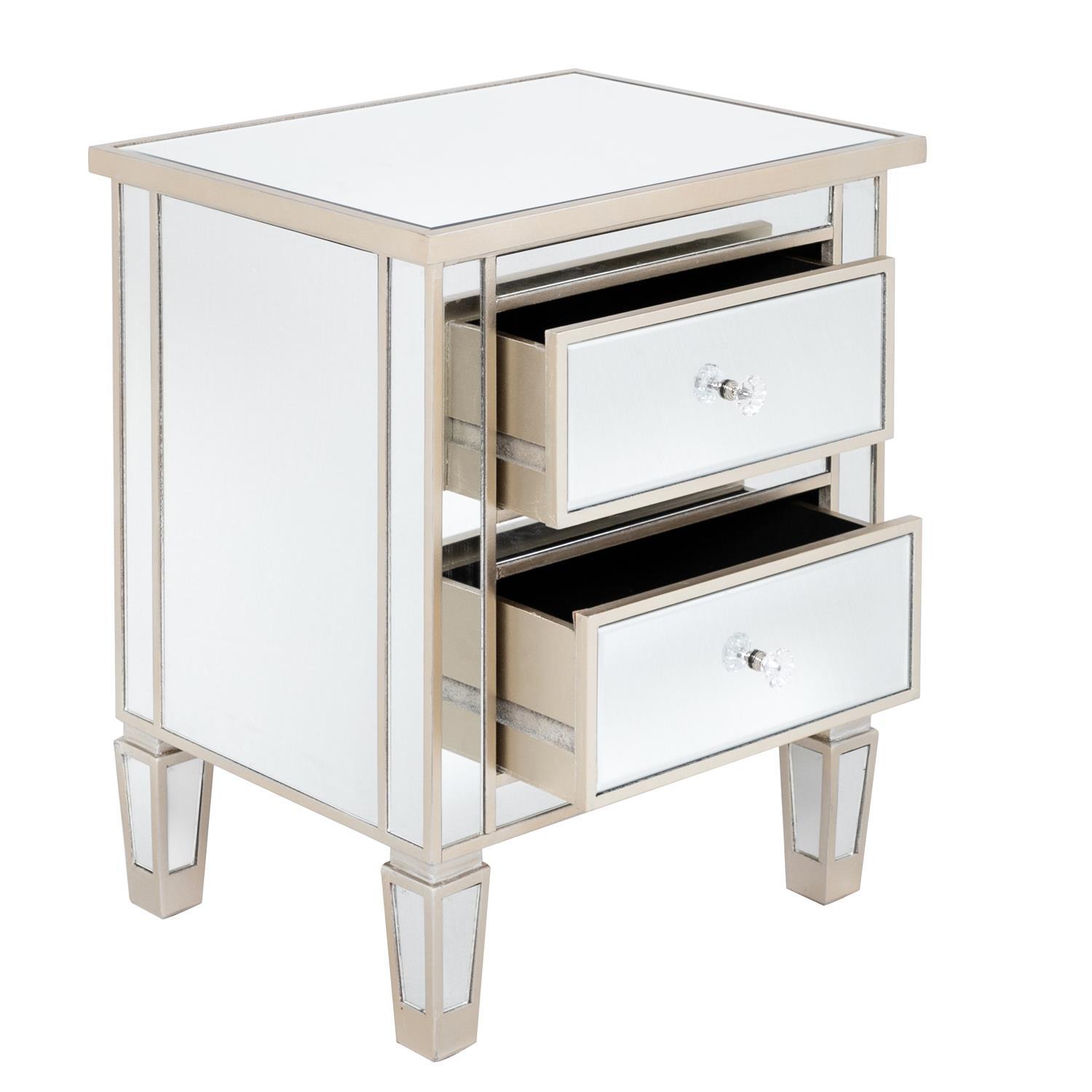 Mirrored Nightstand 2 Drawer Modern Mirror End Table Storage Accent Cabinet
