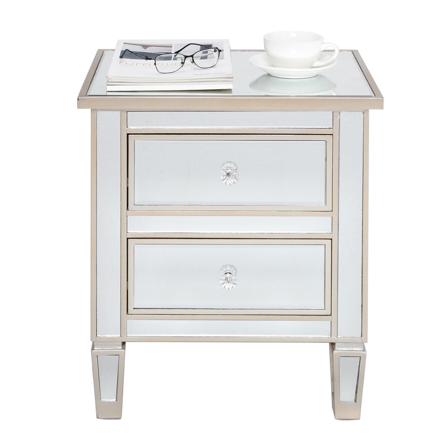Mirrored Nightstand 2 Drawer Modern Mirror End Table Storage Accent Cabinet