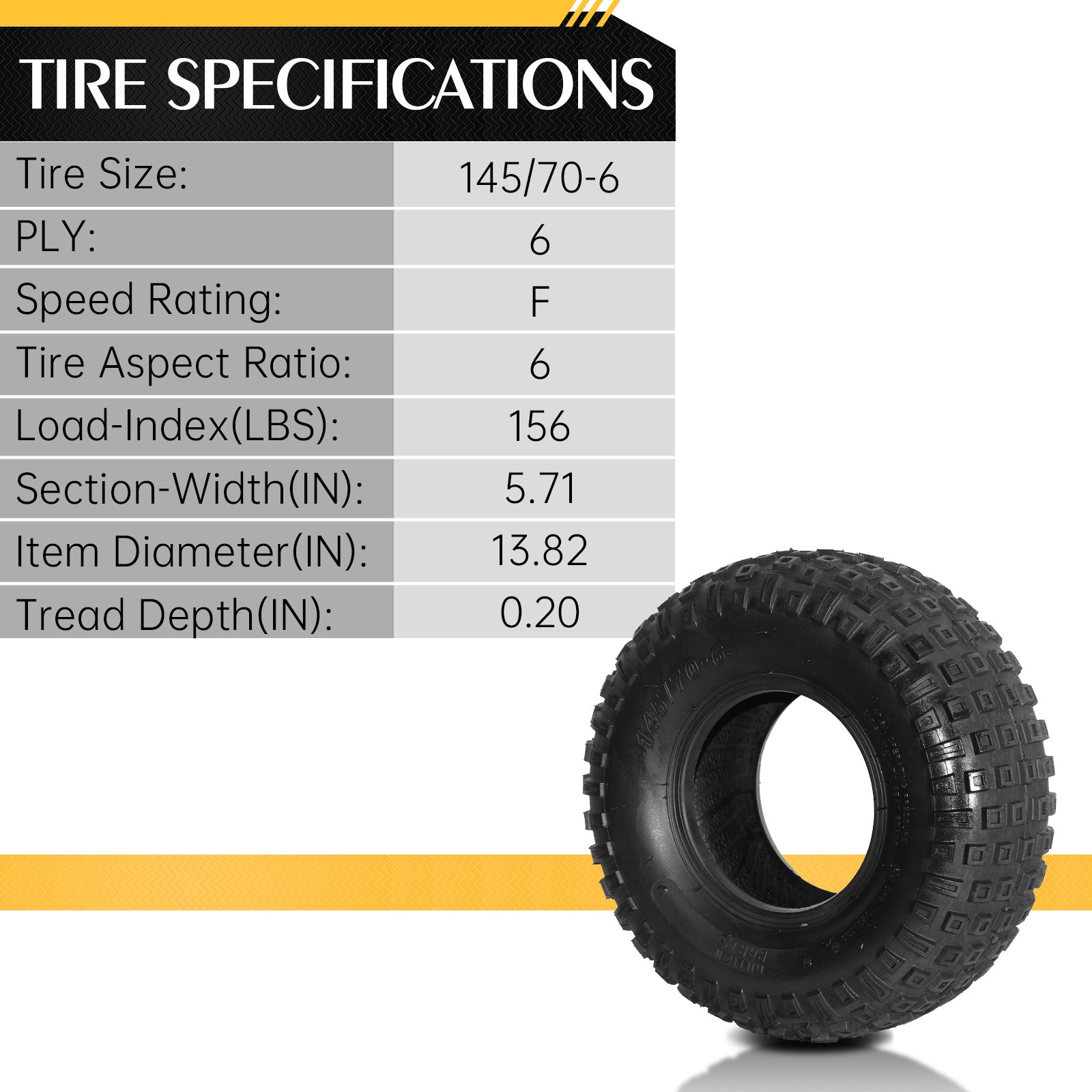 Set of 4 145/70-6 Sport ATV Tires All Terrain 6 Ply Tubeless