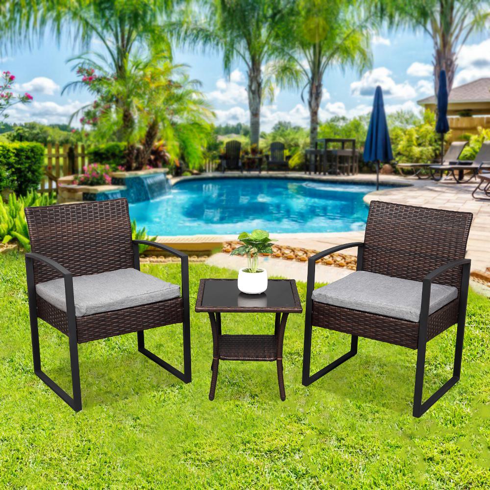 3 Pcs Patio Rattan Wicker Chair Coffee Table Set Outdoor Porch Furniture Brown Ebay