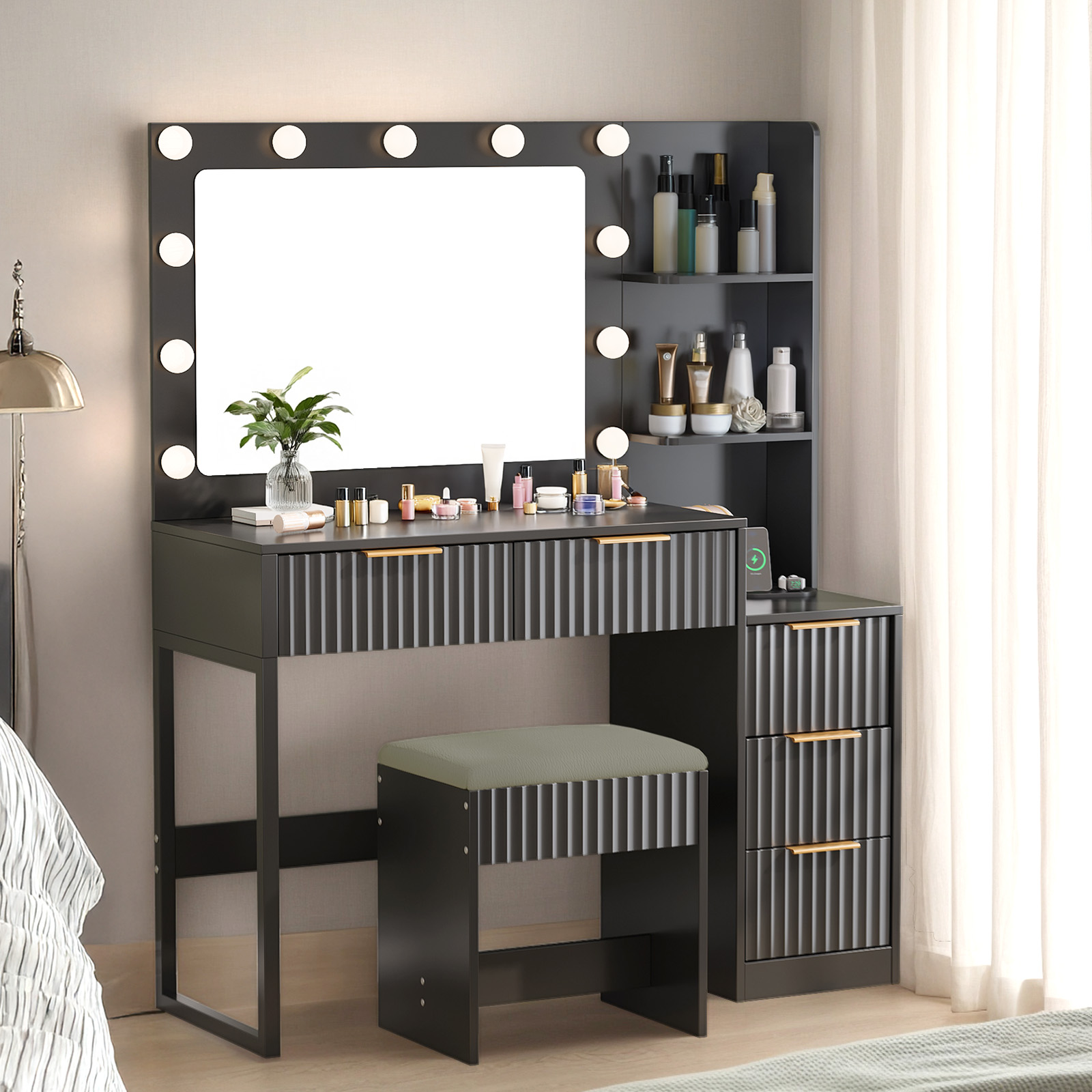 black dressing table with mirror and lights Vanity Desk & & USB Ports, Fluted 5-Drawer New Vanity set Color:Valentino Pink hoco dresses Prom Dress Style #24234 photo frames