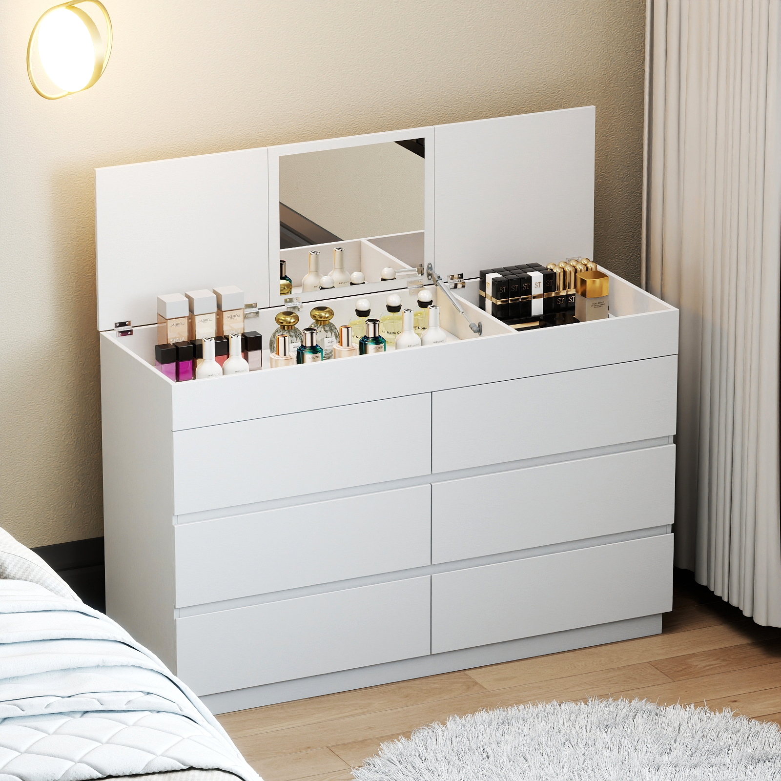 6 Drawer Dresser Cabinet with Flip Top Mirror and Hidden Storage