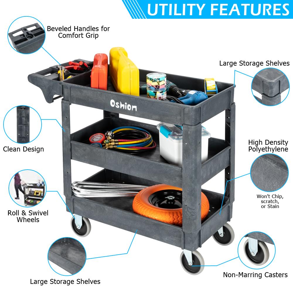 Plastic Utility 3 tray 550LB Rolling Service Cart Shop Office Warehouse Tray