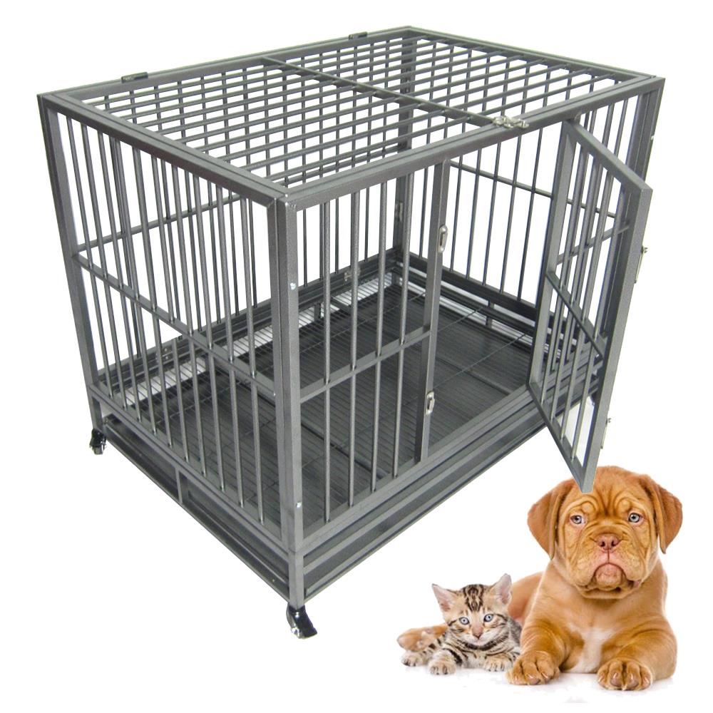Iron 42" Dog Crate Kennel Heavy Duty Pet Cage Playpen with Tray Wheels