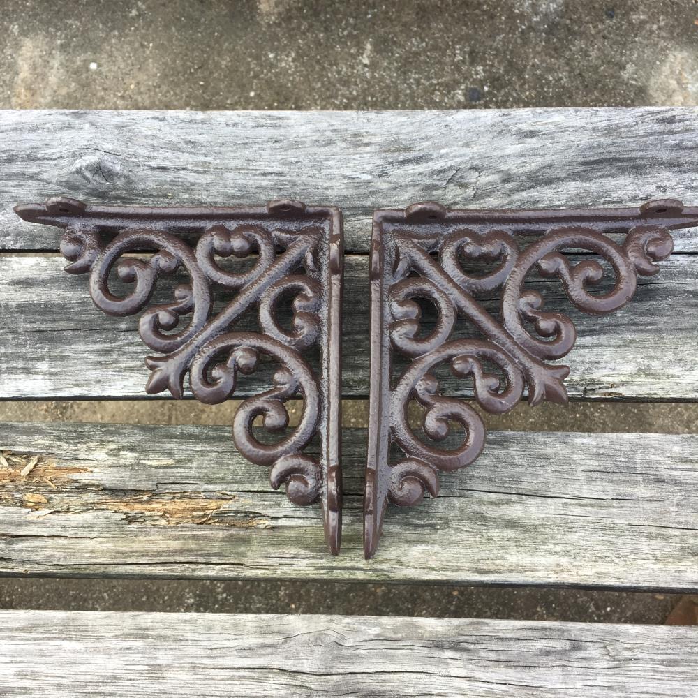 2 X ORNAMENTAL SHELF BRACKET BRACE Vintage Rustic Antique Brown Cast Iron CJ001