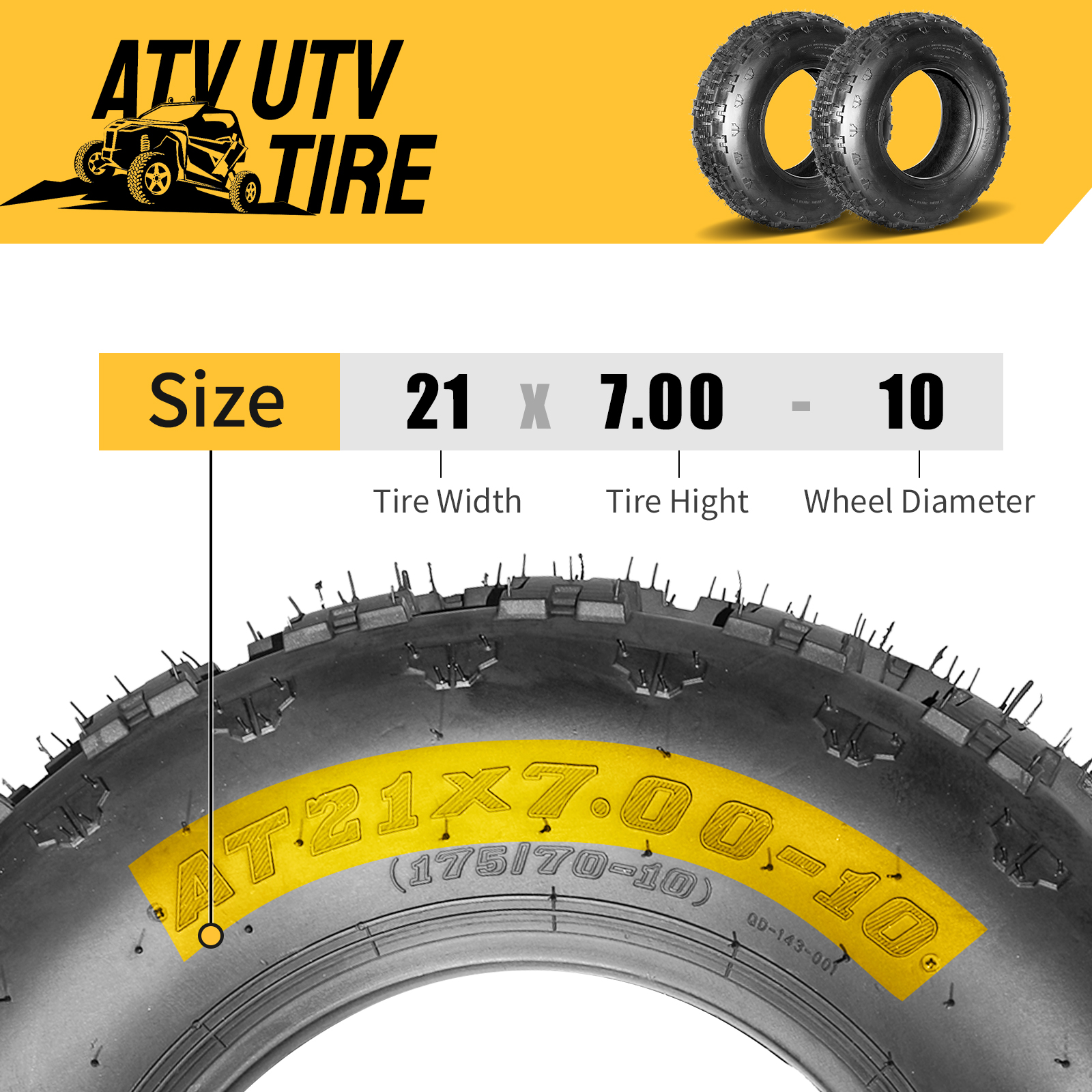 Set of 2 21x7-10 Sport ATV Front Tires Tubeless 4 Ply Rated