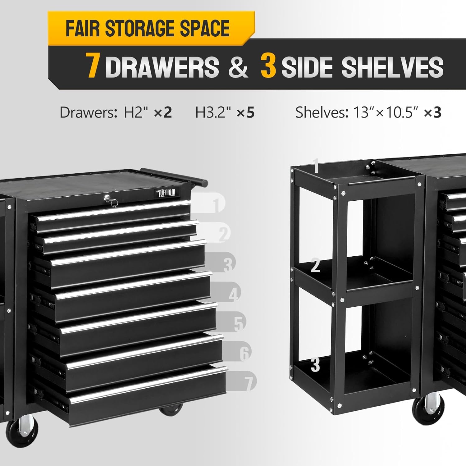 Lockable Tool Organizer 7-Drawer Rolling Tool Chest With Side Shelves