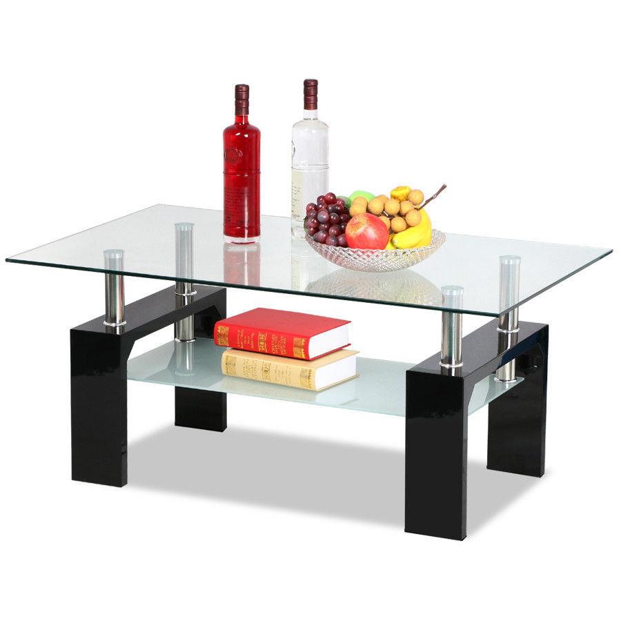 Home Office Rectangular Tempered Glass Coffee Table w/Shelf Modern