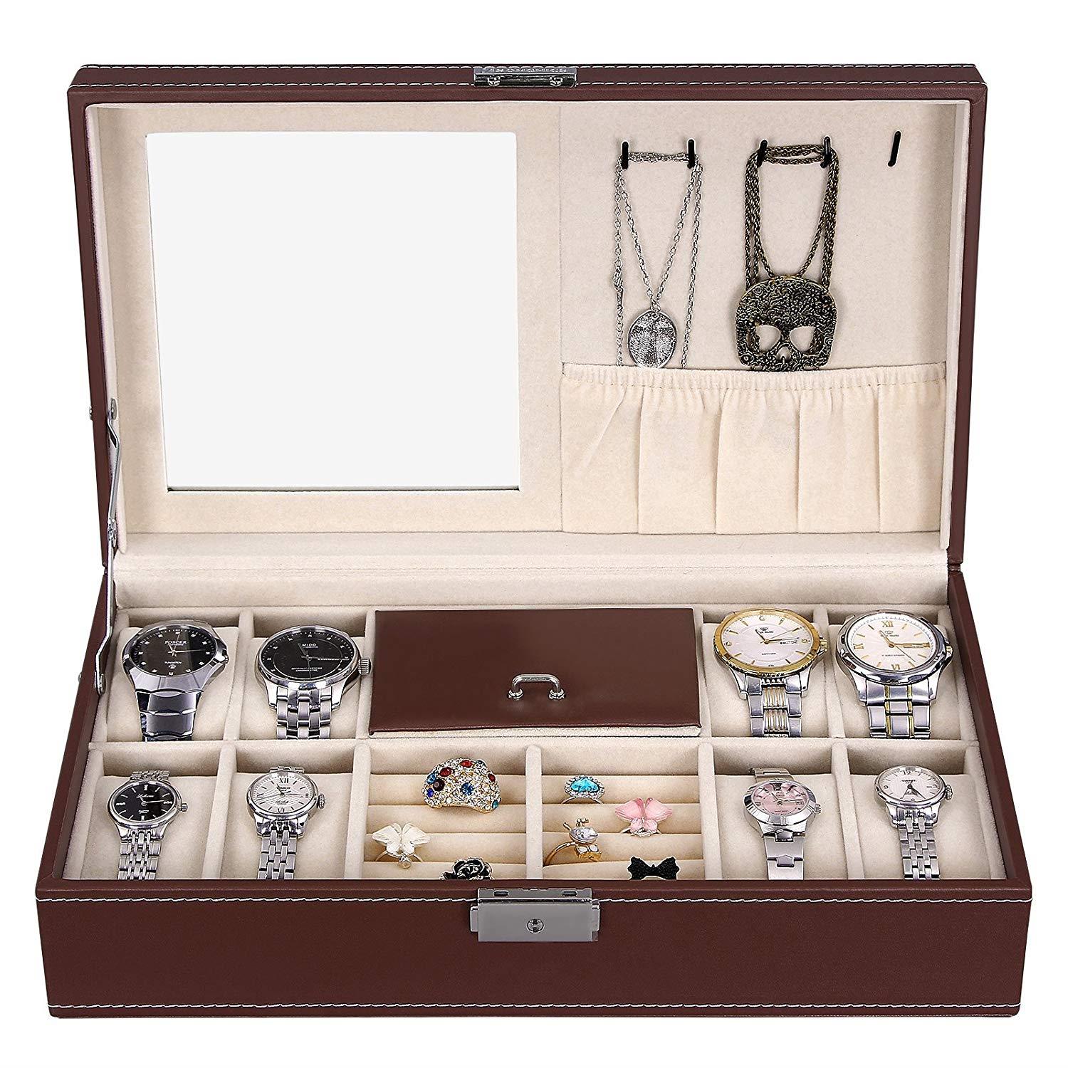 8 Slot Watch Box PU Leather Box Ring Necklace Jewelry Case Storage with