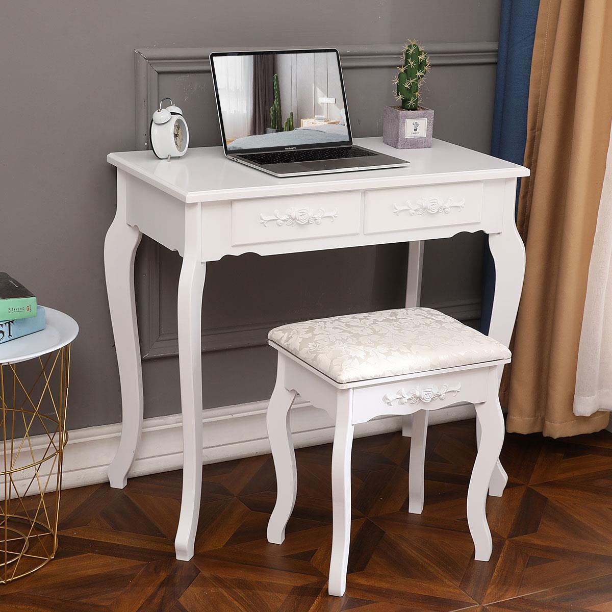 White Vanity Dressing Table Set With Mirror Stool 4 Drawers Makeup