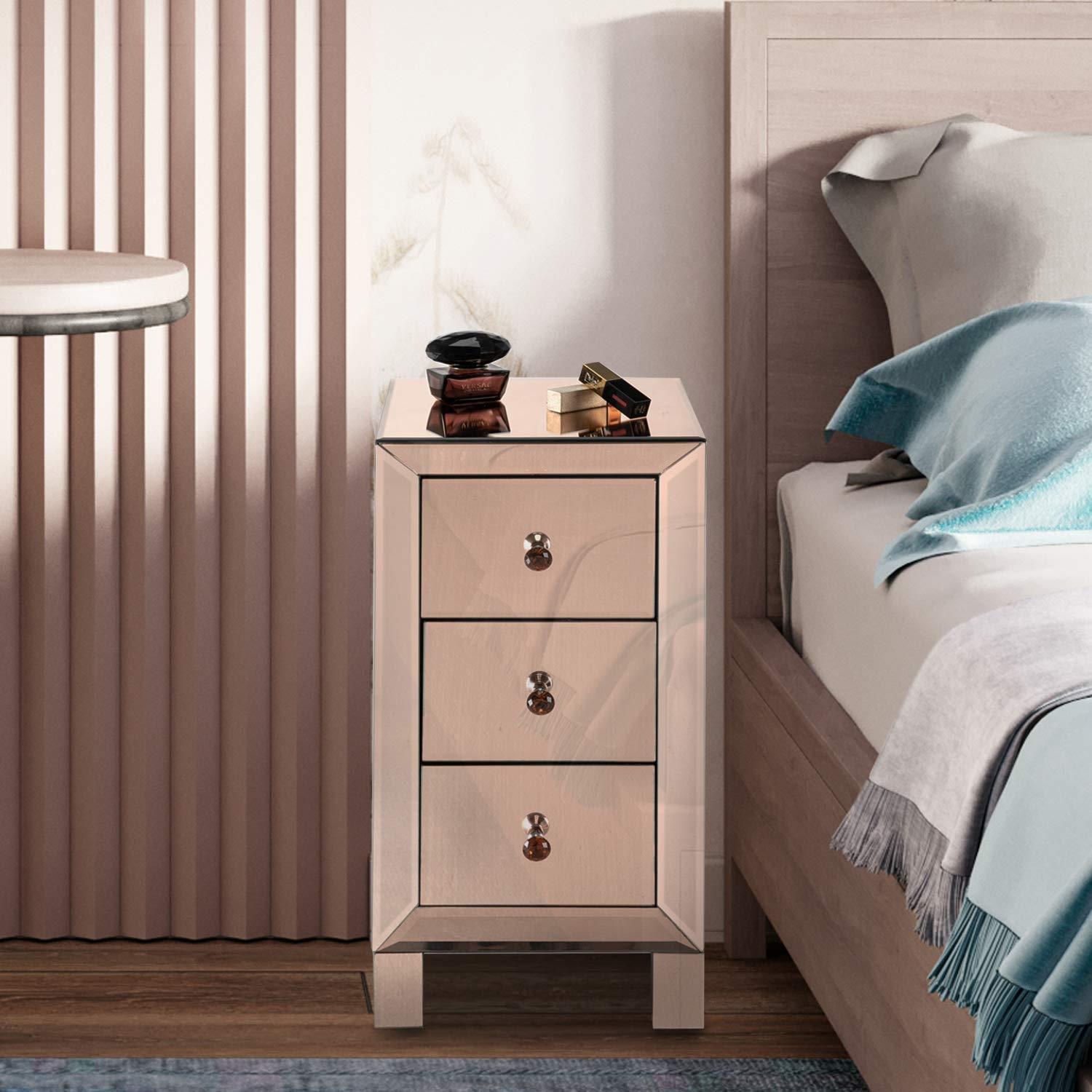 3 Drawer Mirrored Nightstand End Tables Bedside Table For Bedroom