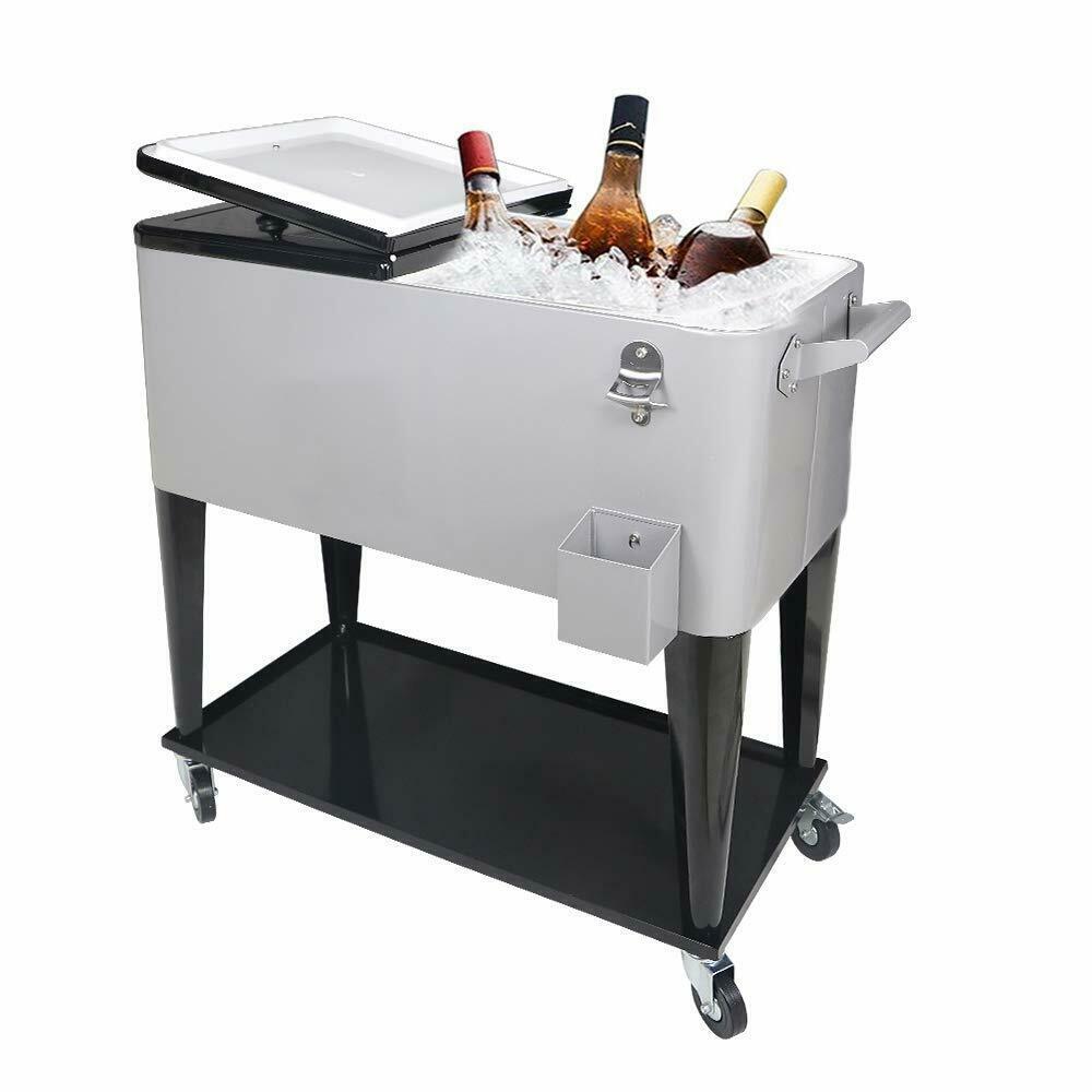 80 Quart Rolling Ice Chest on Wheels Patio Party Bar Drink Cooler Cart