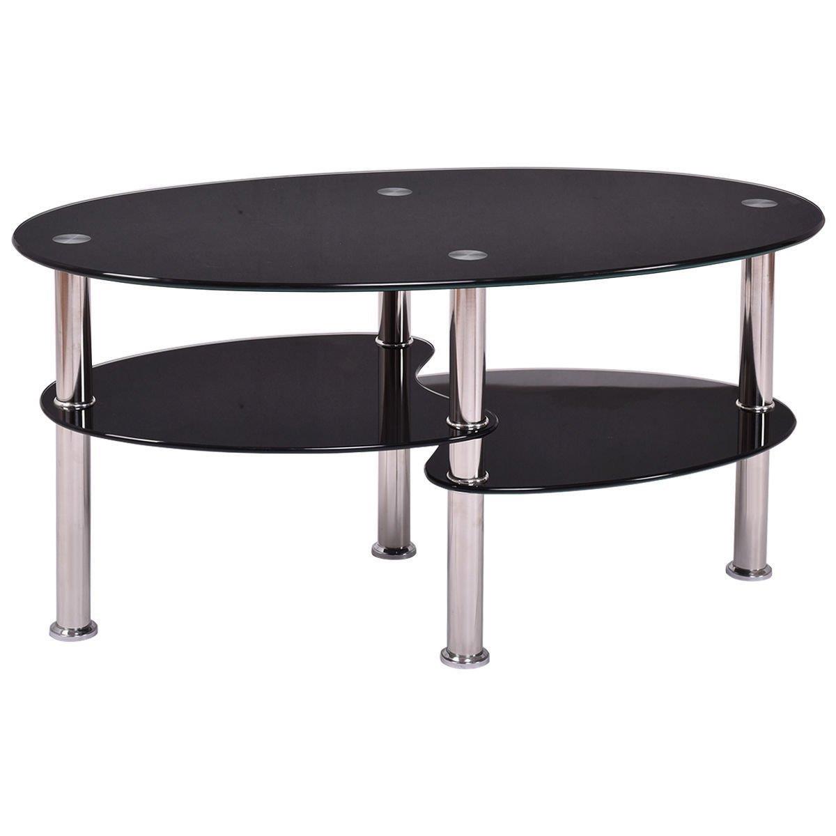 Black Glass Oval Coffee Table Side Shelf Chrome Base Living Room Furniture US 610626628177 eBay