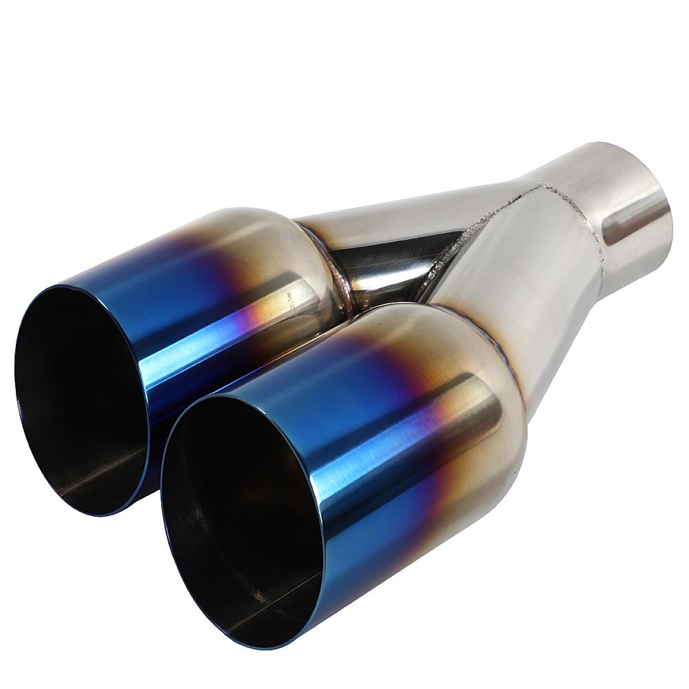 2.5/" Inlet 3.5/" Dual Outlet Exhaust Tip Round Cut Blue Burnt 304 Stainless Steel