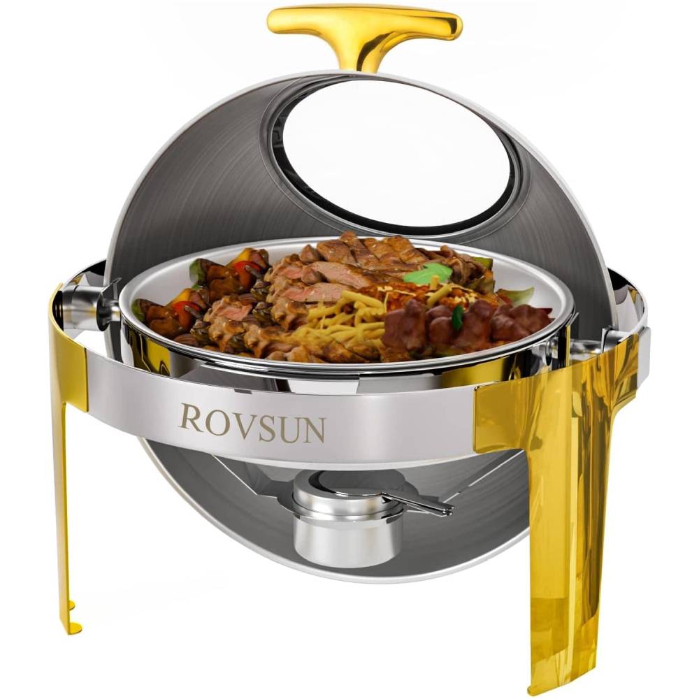 ROVSUN 6-Pack 5Qt Round Chafing Dish Set – NSF Stainless Steel Buffet Warmers With Glass Lids & Lid Holders For Catering & Events