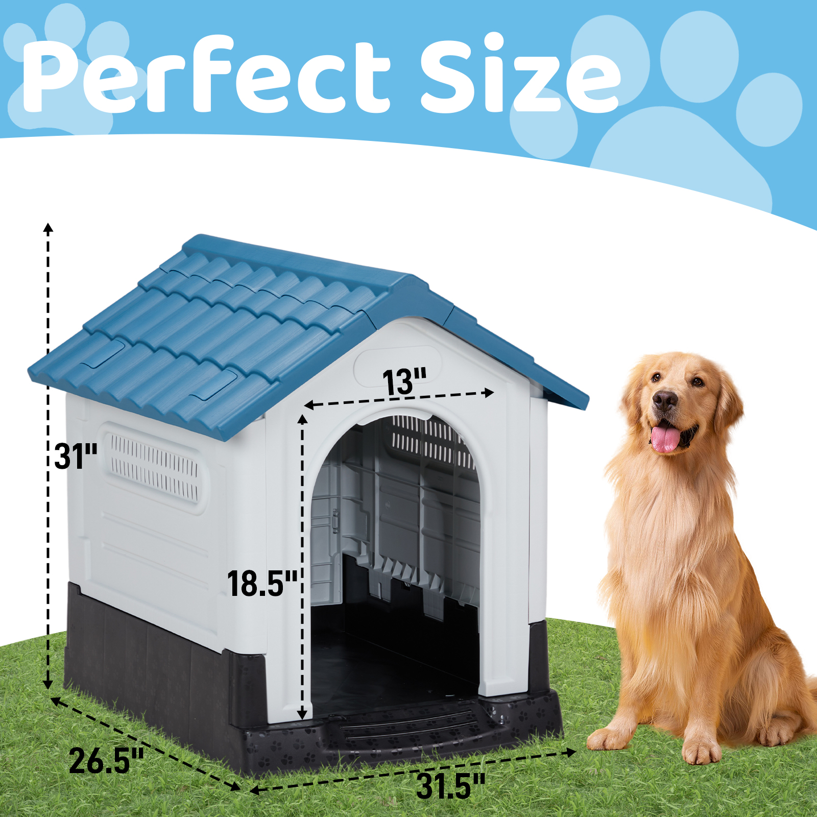 Indoor Outdoor Dog House Pet Shelter Blue Waterproof w/Air Vents