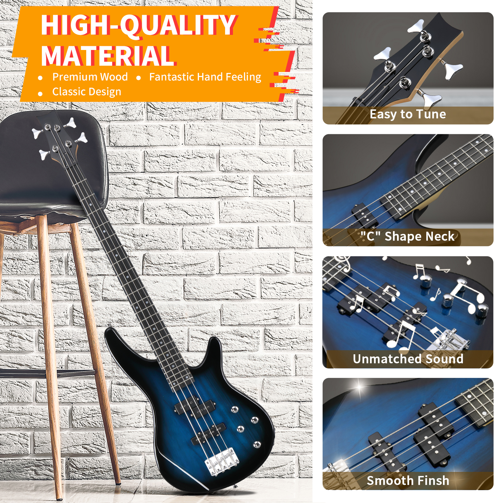 KIB Electric Bass Guitar 44 Inch Basswood 4 String for