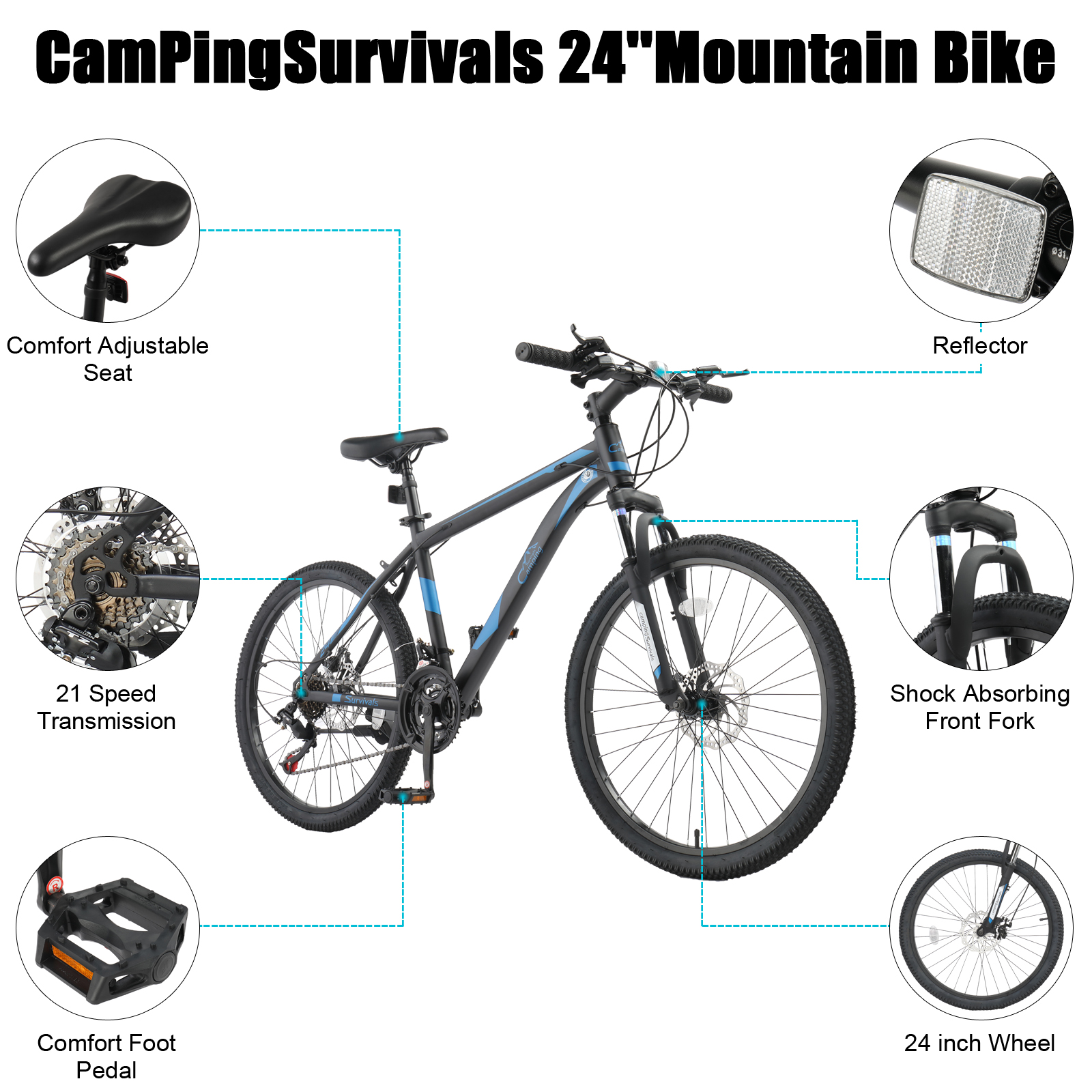 24 Inch Mountain Bike, 7/21-Speed Adult Bicycle with High Carbon