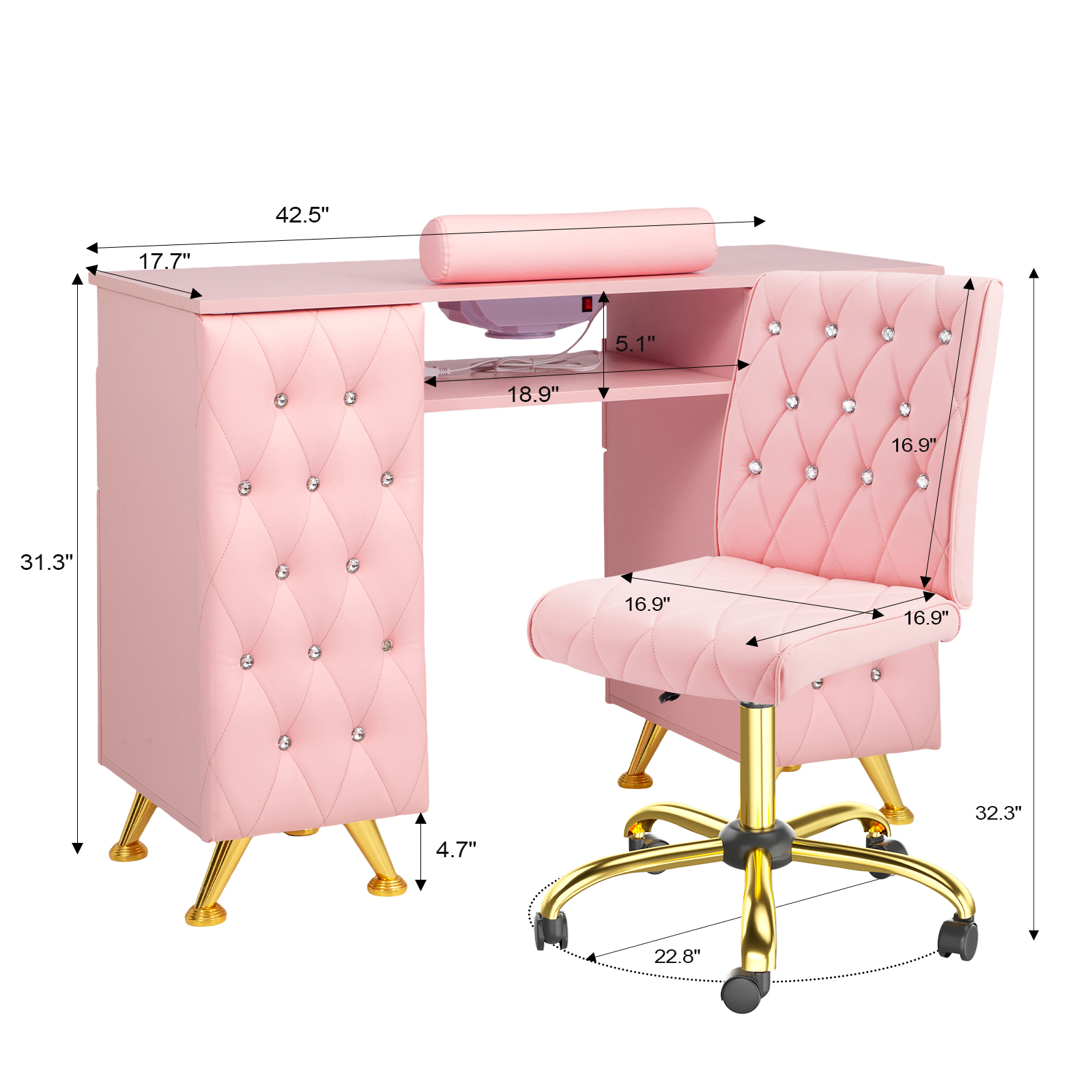 Manicure Table and Chair Set with Dust Collector, Nail Station for