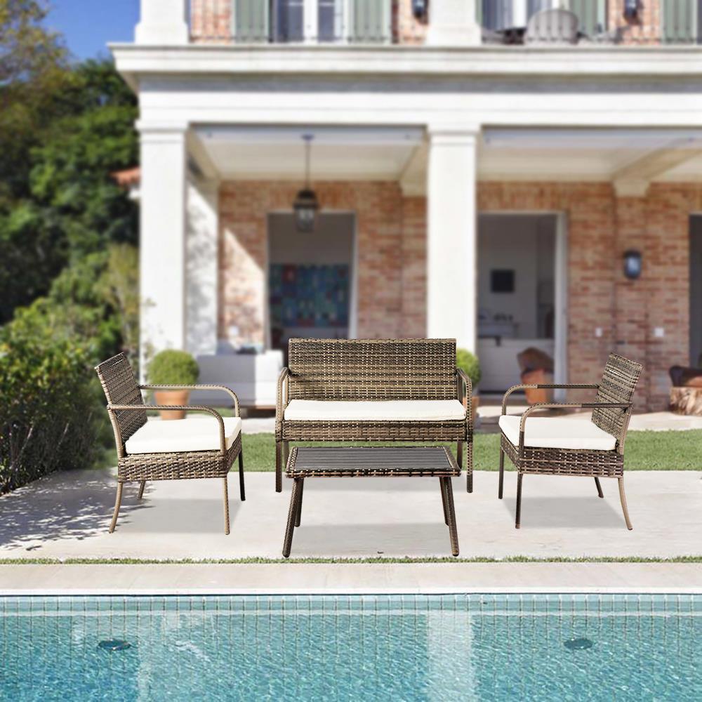 4PC Outdoor Rattan Wicker Furniture Set Loveseat Sofa Cushioned Patio