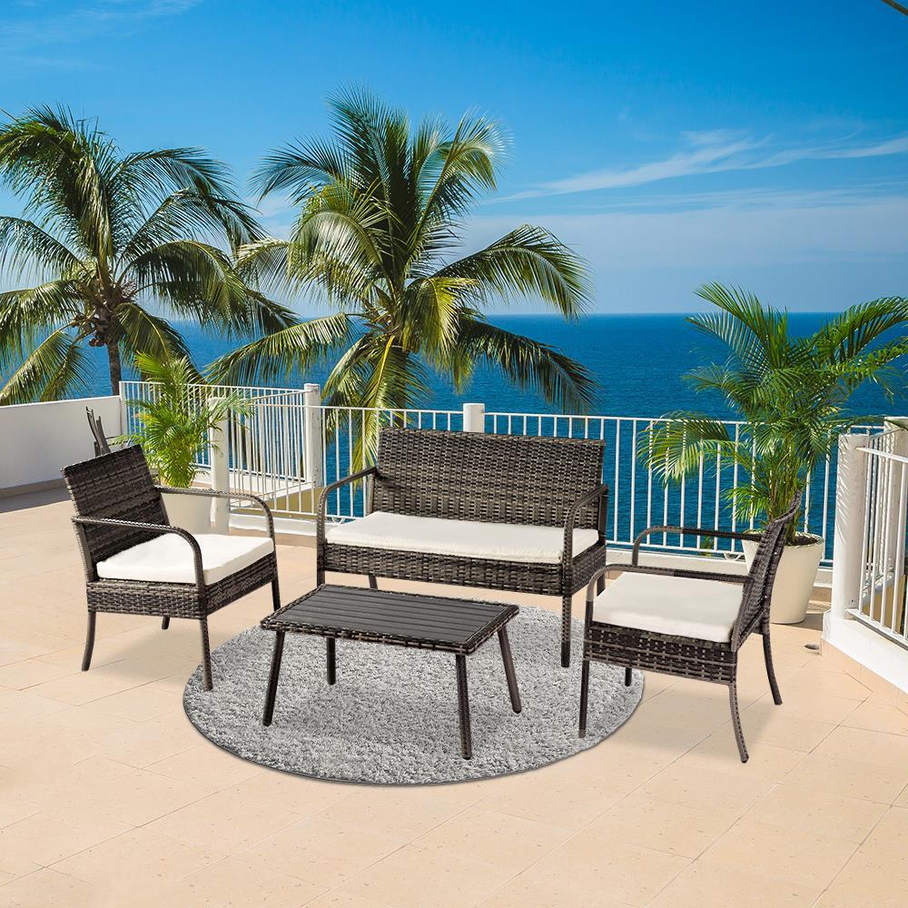 4PC Outdoor Rattan Wicker Furniture Set Loveseat Sofa Cushioned Patio