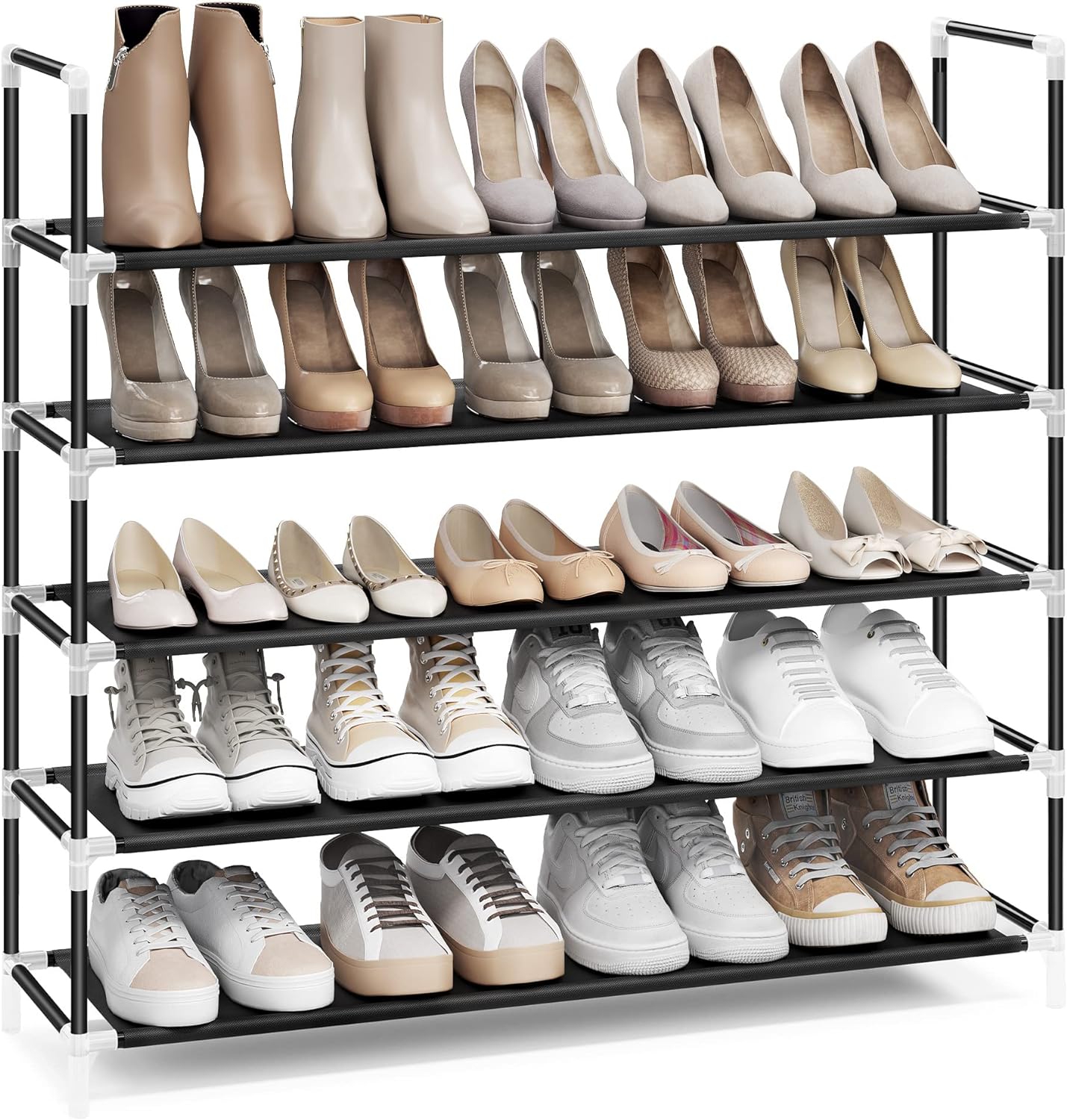 Firlar 5 Tier Shoe Rack With Dustproof Cover - 4 Grids Storage Organizer Cabinet, Coffee Color, Easy Assembly, 23.6x35.4x11.8in