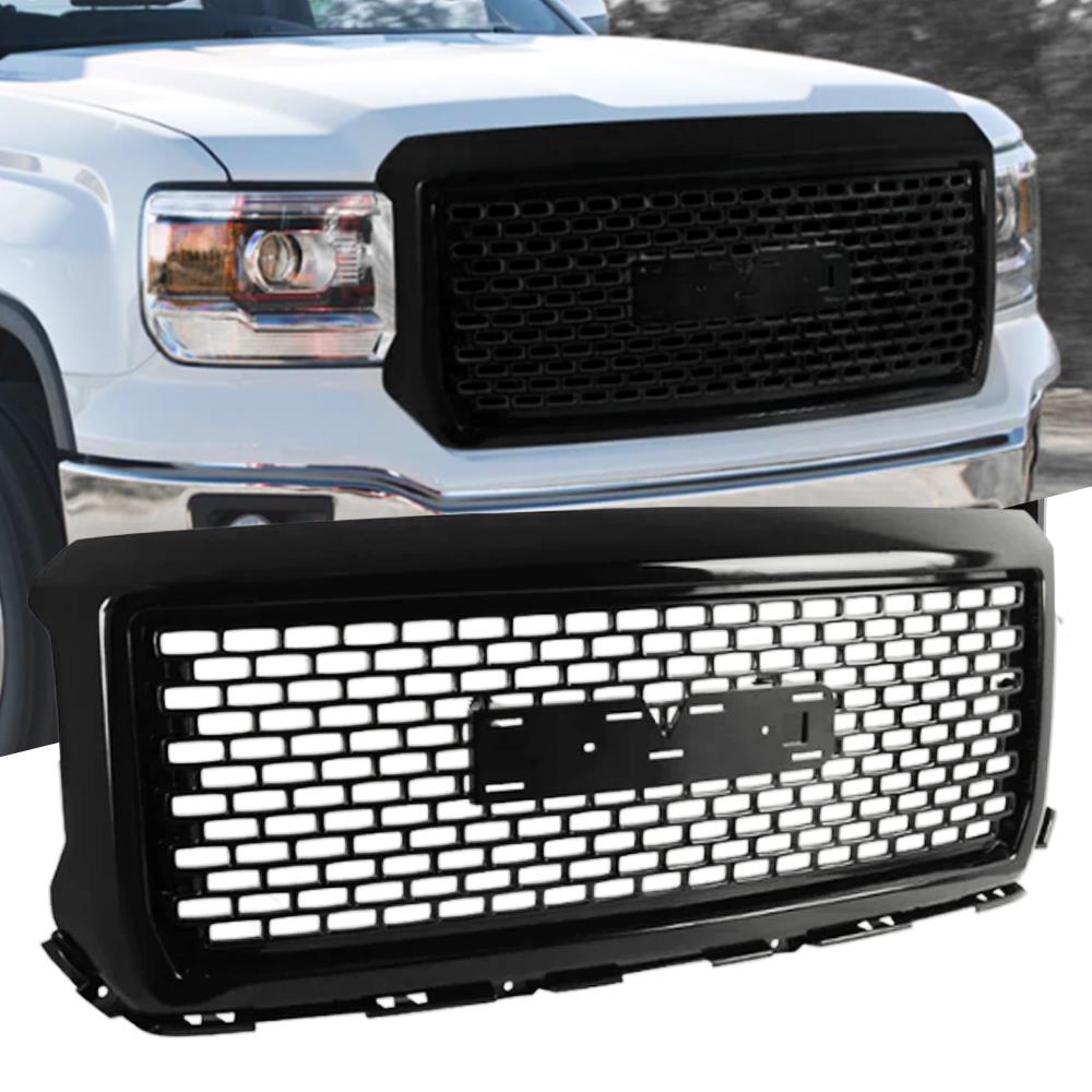For 2014 2015 GMC Sierra 1500 Glossy Black Mesh Front Bumper Hood Grill