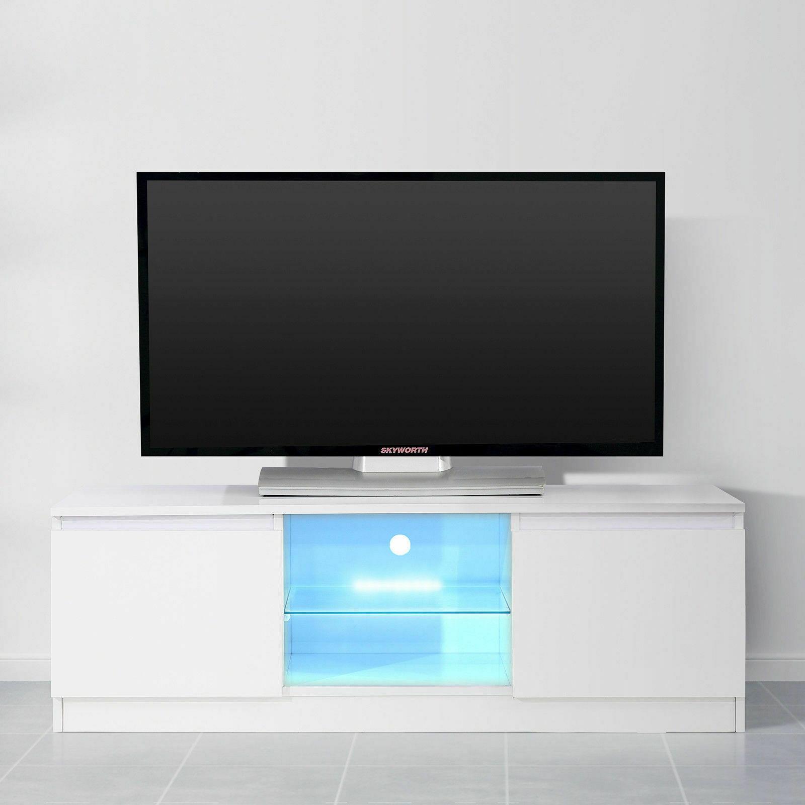 White High Gloss Tv Stand Unit Cabinet W Led Light Shelves 2 Drawers Furniture Ebay