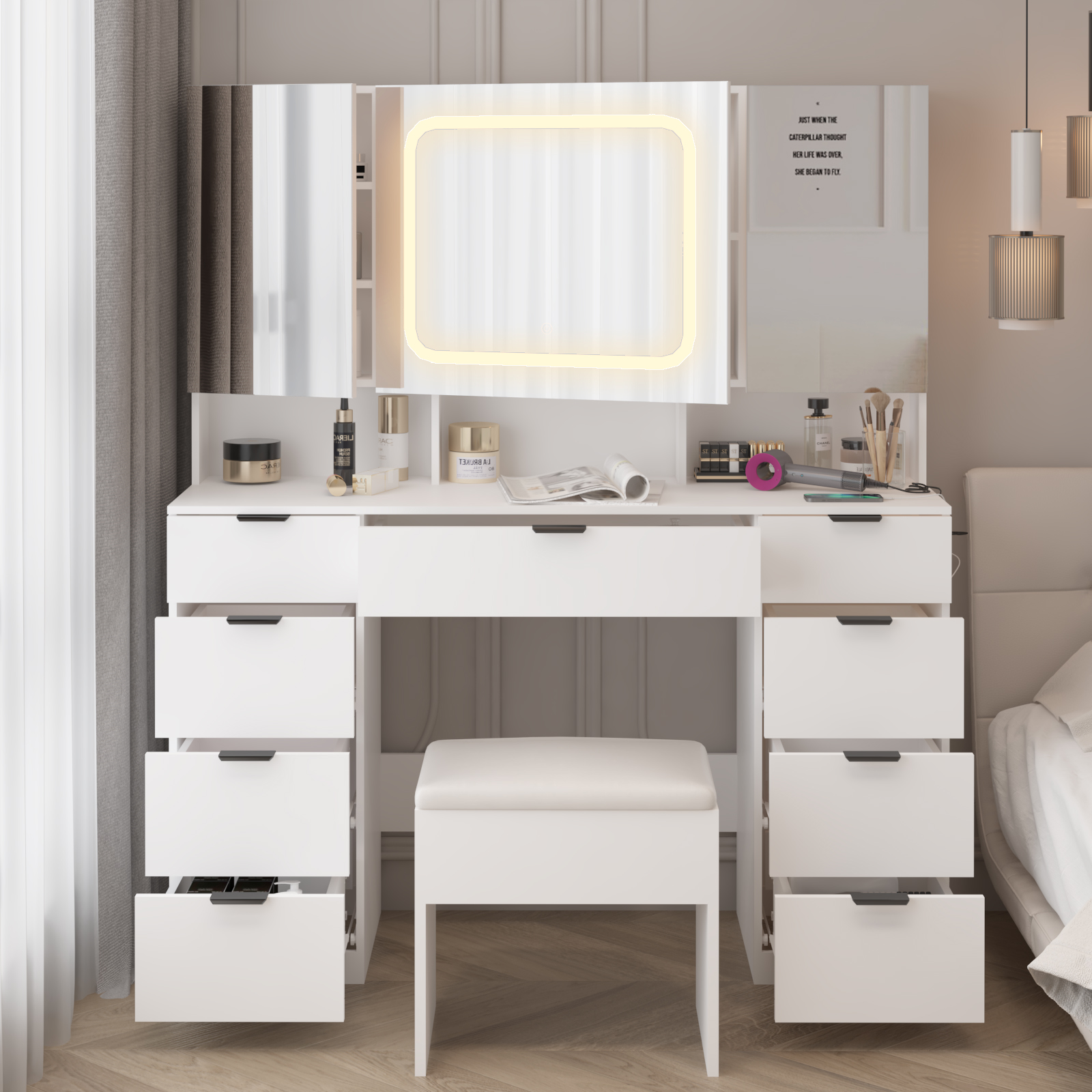 Makeup Vanity Set Large LED Lighted Mirror Dressing Table Dresser Desk 9  Drawers | eBay