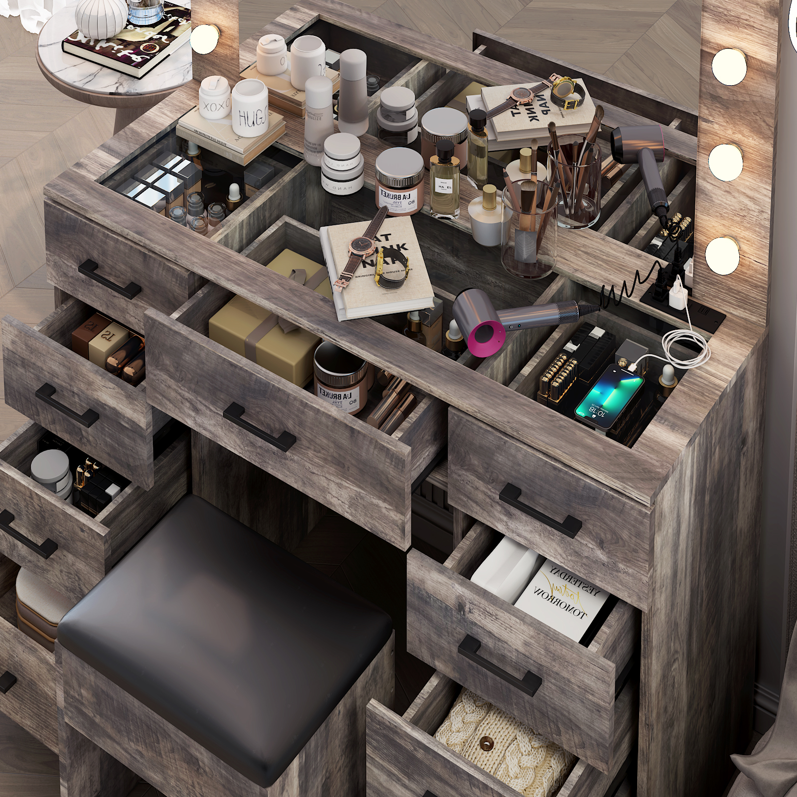 Vanity Makeup Table Set with Large Mirror Glass Tabletop Cabinet