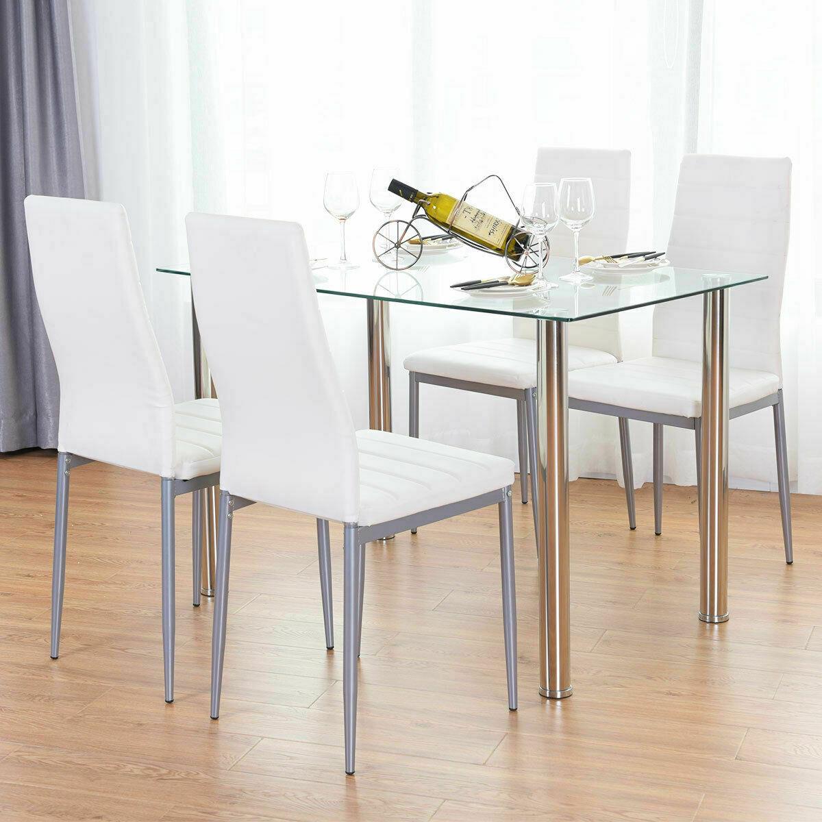 5 Piece Dining Table Set White 4 Chair Glass Metal Kitchen Dining Room Breakfast EBay