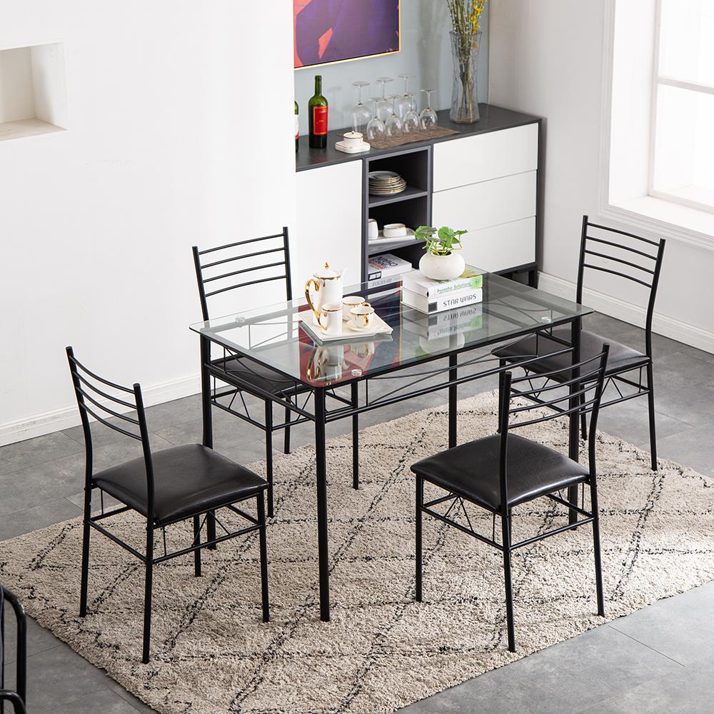 5 Piece Dining Table Set Black 4 Chair Glass Steel Pipe PU Kitchen Room Black EBay