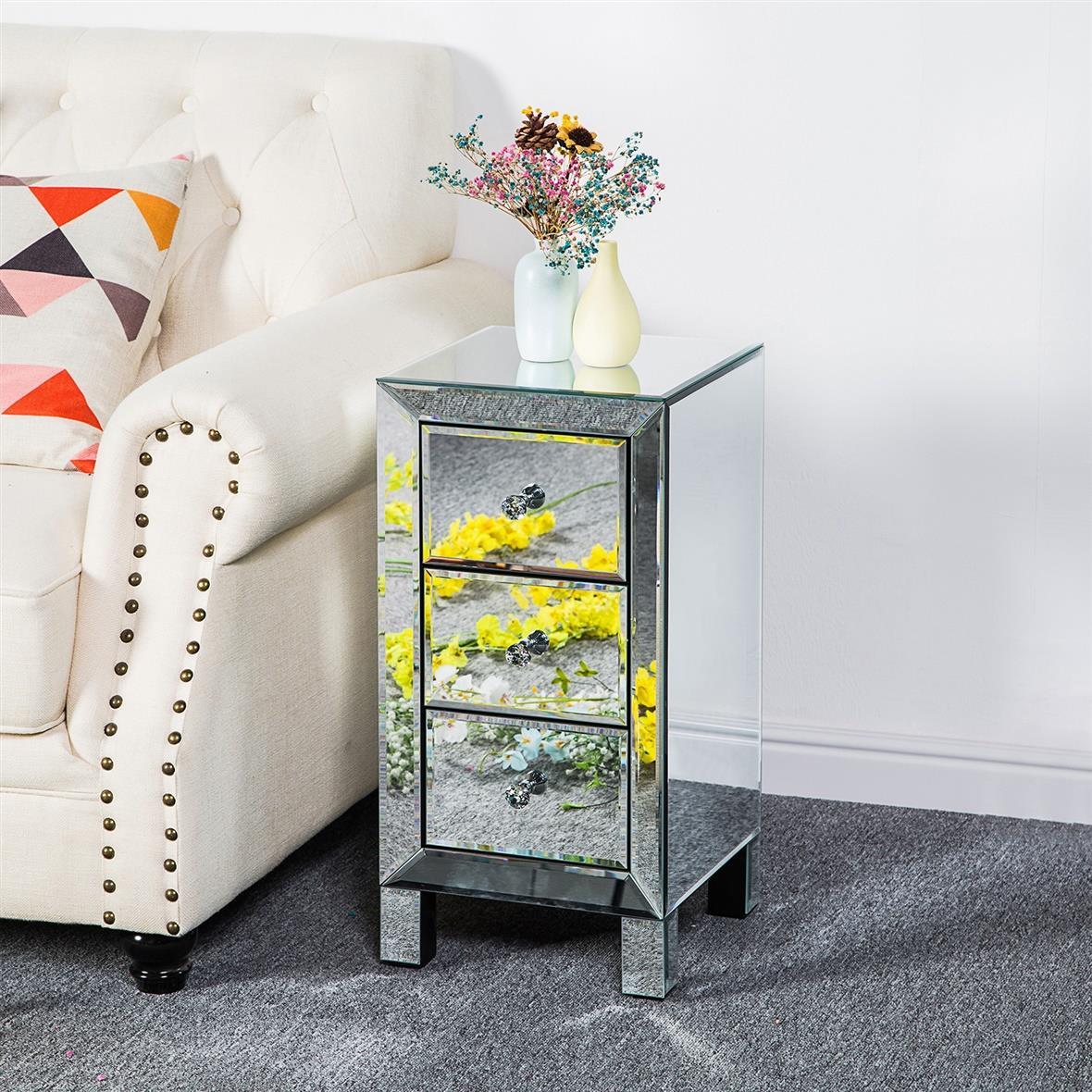 Set of 2 Nightstand Mirrored Bedside Table 3 Drawers Crystal