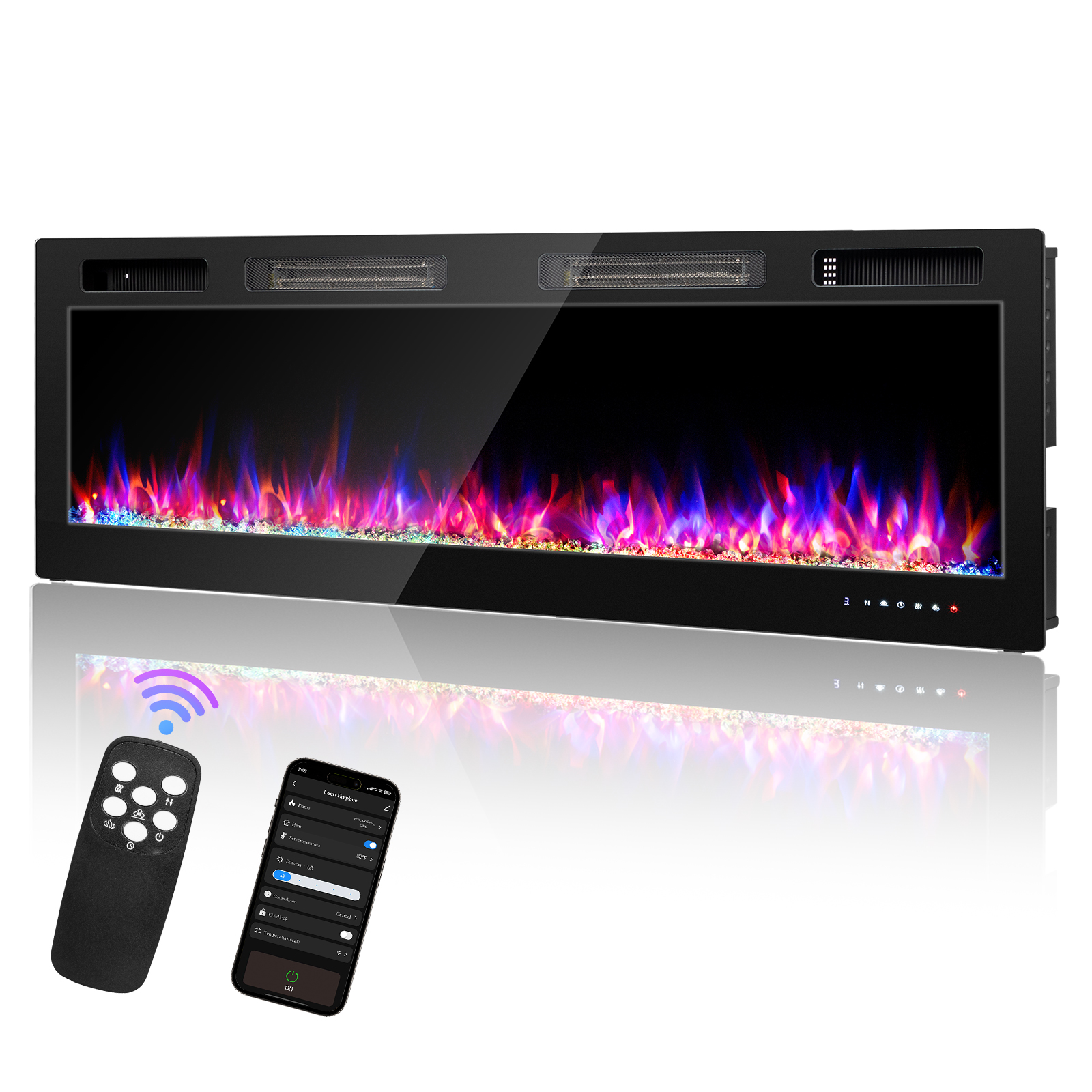 60-Inch Electric Fireplace Wall Mount Heater – Remote, Adjustable Flame & Timer, Black, 1860W