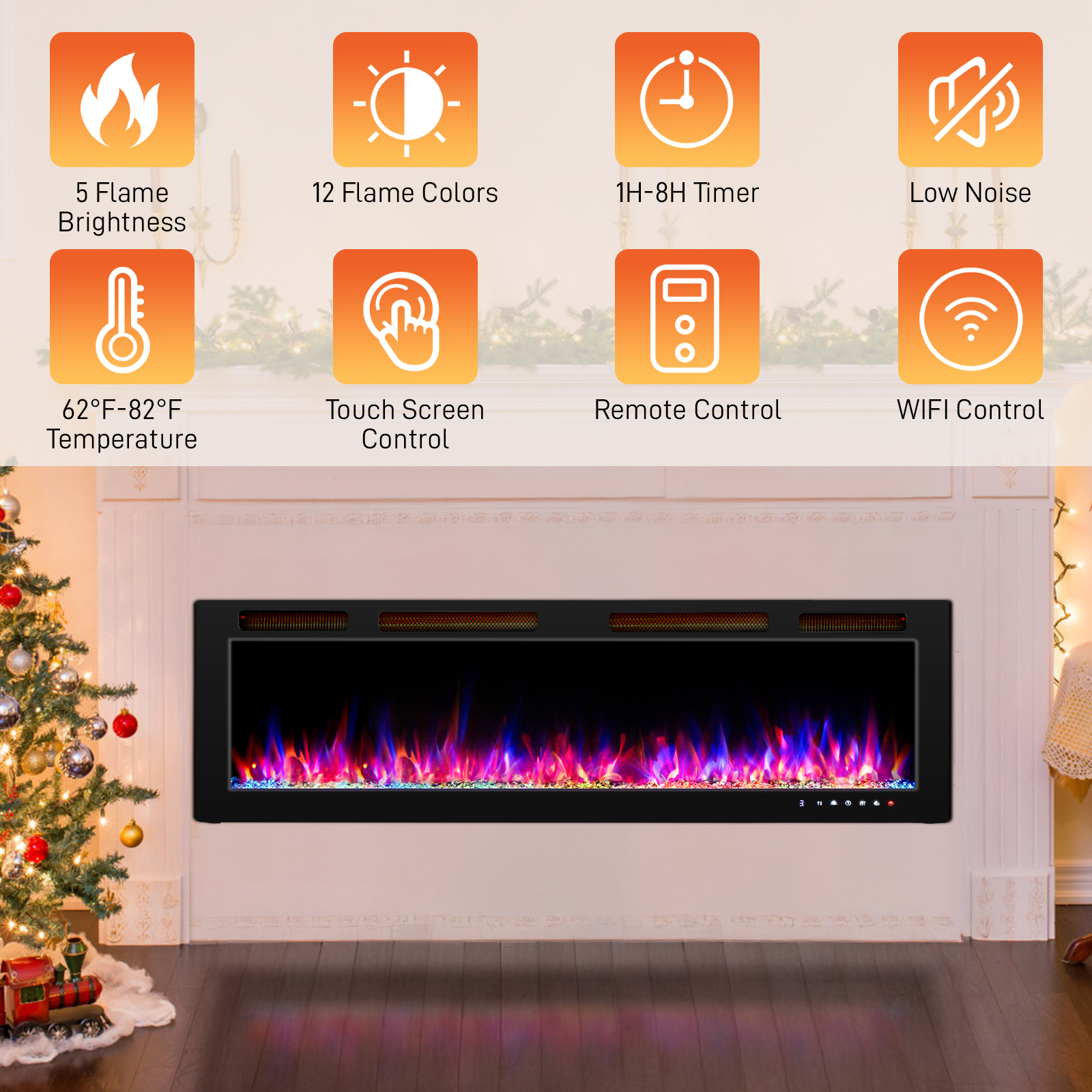 60-Inch Electric Fireplace Wall Mount With Remote – Adjustable Flame & Timer, Black