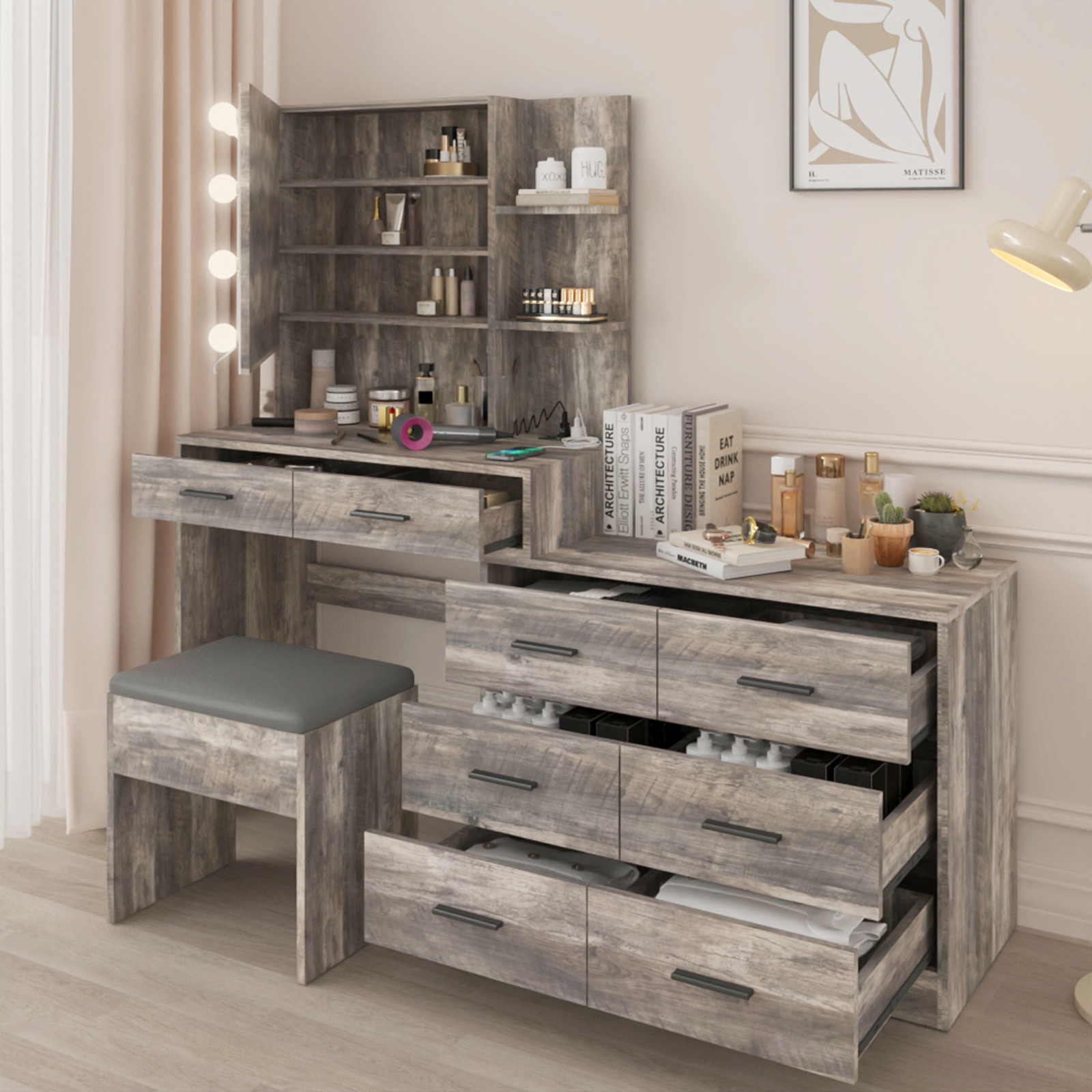 vanity and dresser combo Amazon.com: RoyalCraft 59 Large Makeup Vanity Desk, Beige L Shaped Corner  Vanity Table with 3 Drawer & 1 Door, Modern Extendable Dressing Table, Vanity  Dresser Combo for Bedroom, Dressing Room (Without Mirror) :