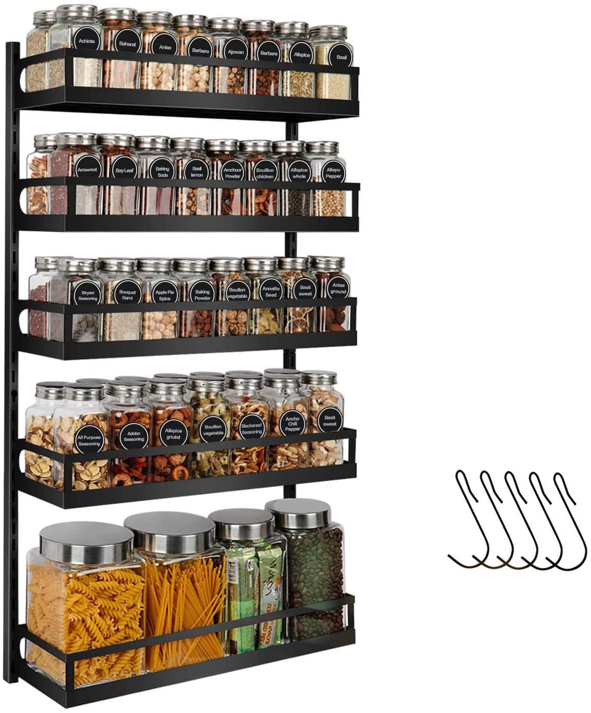 Wall Mount Spice Rack Organizer 5 Tier HeightAdjustable Hanging Spice
