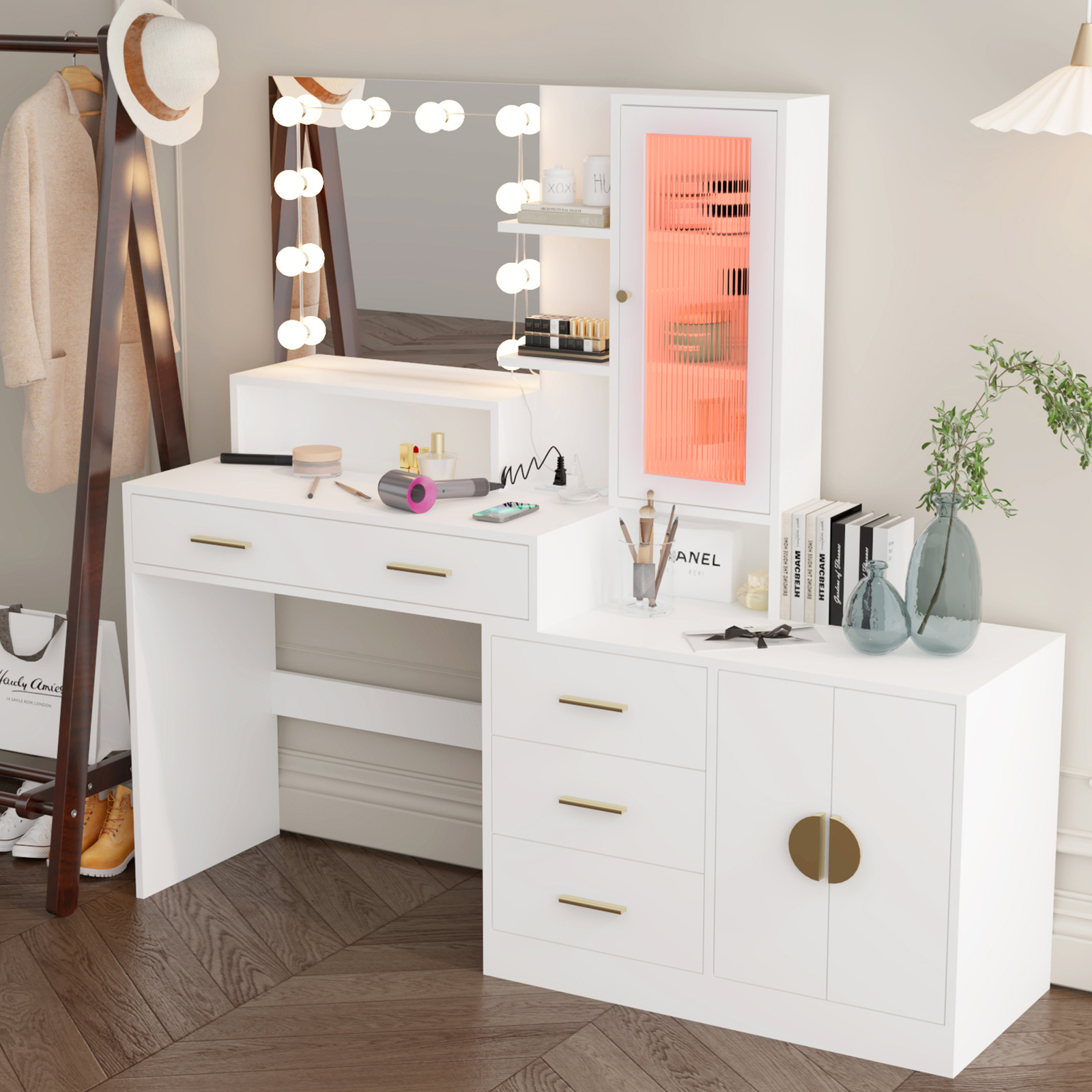 Vanity with Lighted Mirror Makeup Vanity Desk with Power Outlet and LED  Bulbs | eBay