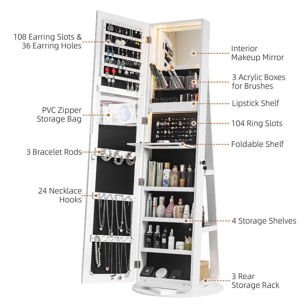 SONGMICS Frameless Full-Length Mirror Jewellery Cabinet, Swivel Organiser With LEDs, Free-Standing, White Surface, Greige