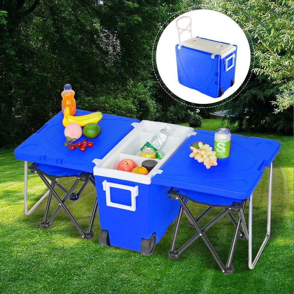 Multi Function Rolling Cooler Picnic Camping Outdoor w//Table /& 2 Chairs Blue